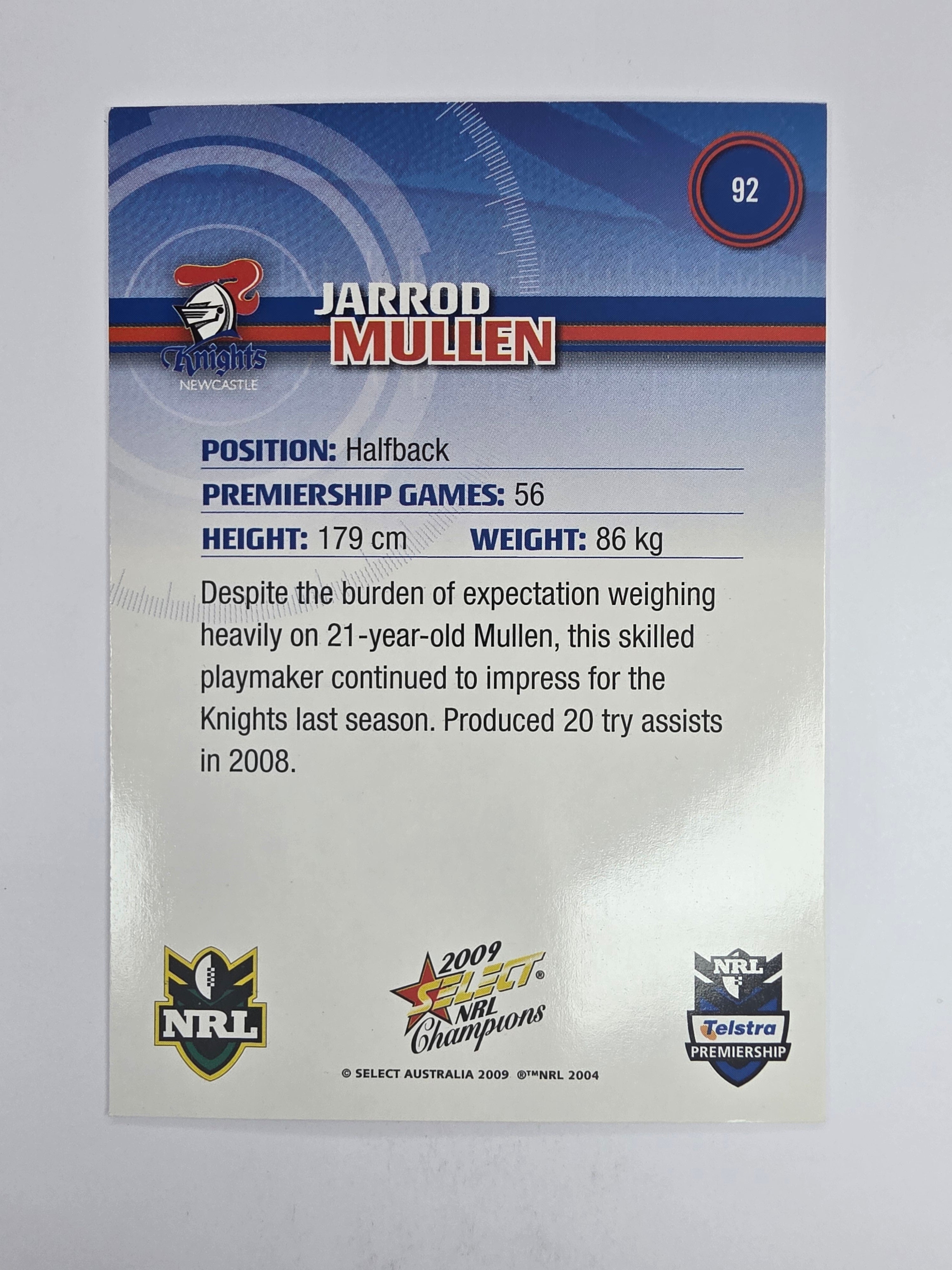 NRL 2009 Champions Base Card #92 Jarrod Mullen Newcastle Knights