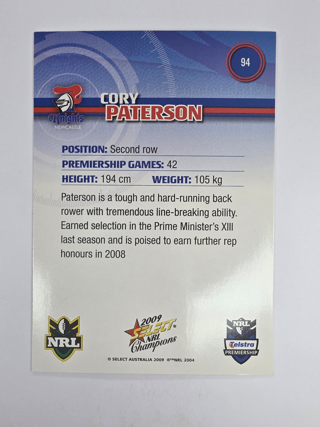 NRL 2009 Champions Base Card #94 Cory Paterson Newcastle Knights