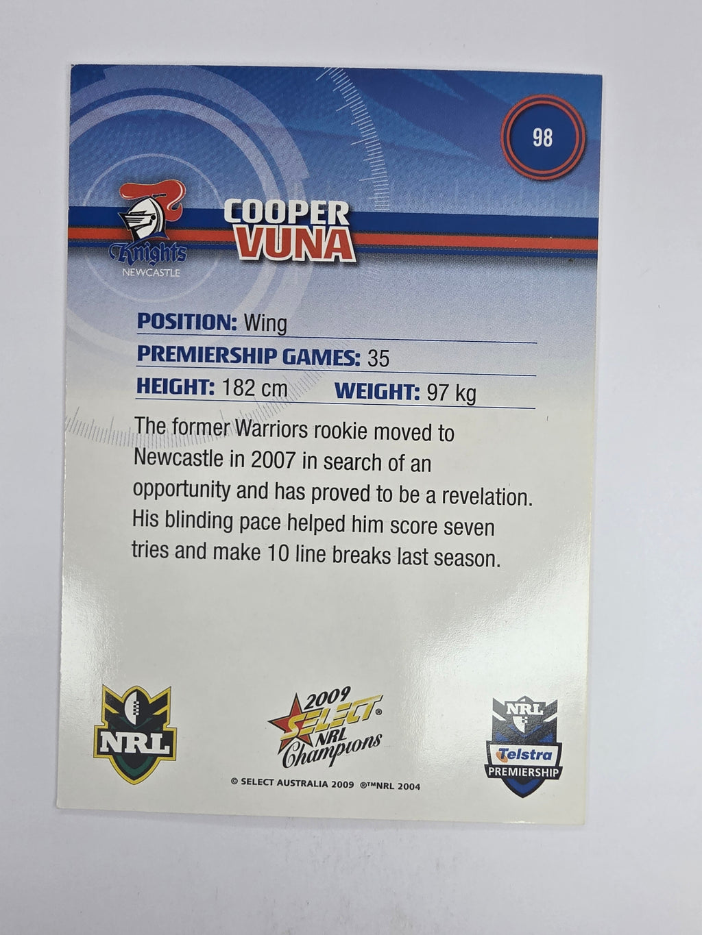 NRL 2009 Champions Base Card #98 Cooper Vuna Newcastle Knights