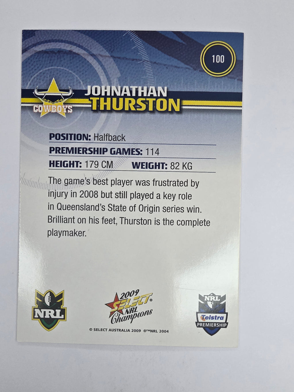 NRL 2009 Champions Base Card #100 Johnathan Thurston North Queensland Cowboys