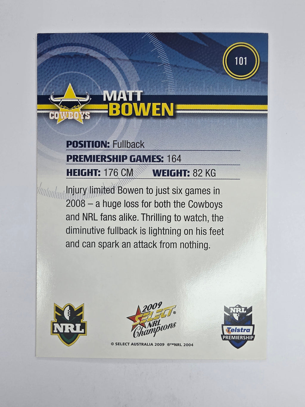 NRL 2009 Champions Base Card #101 Matt Bowen North Queensland Cowboys
