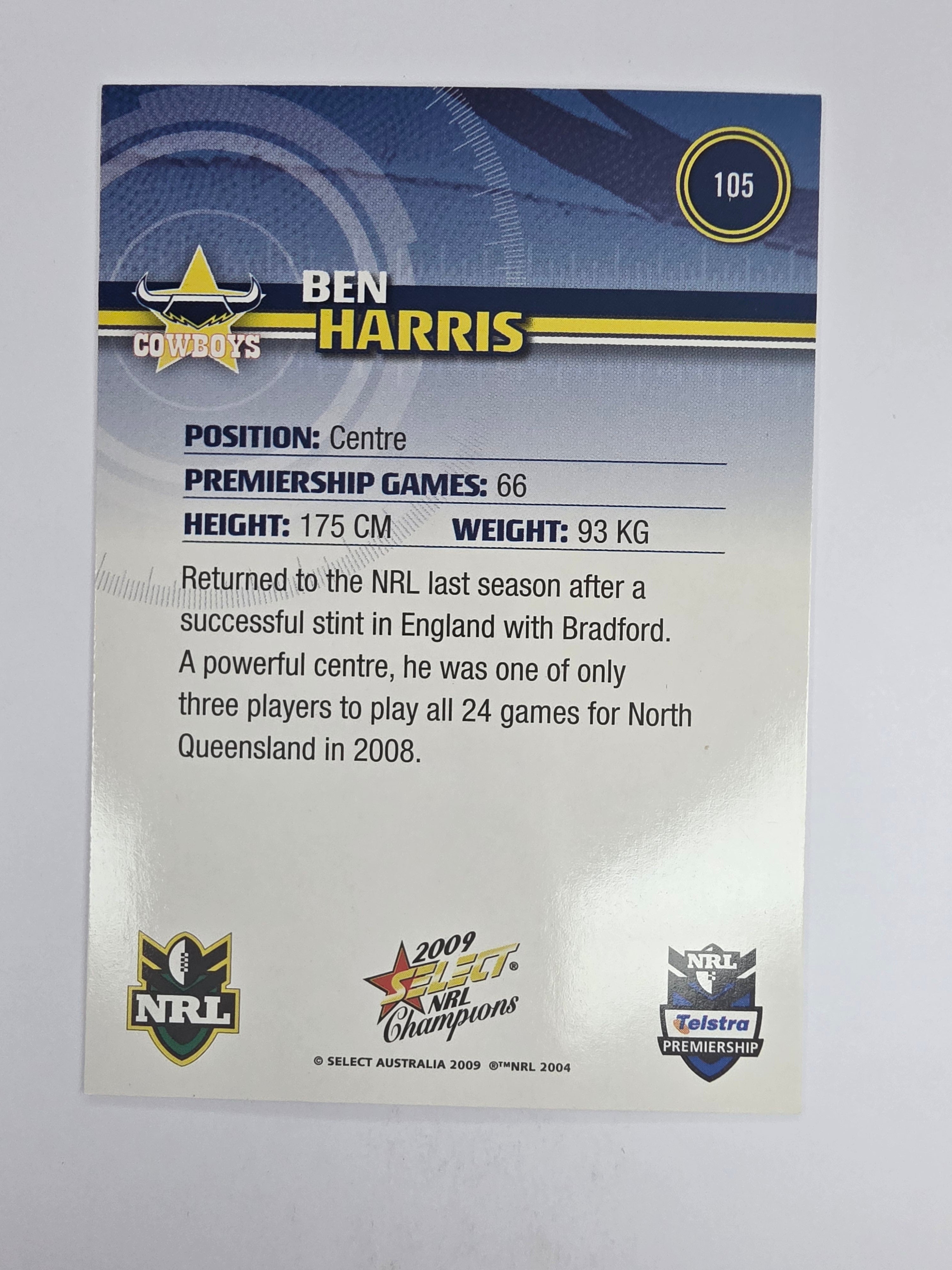 NRL 2009 Champions Base Card #105 Ben Harris North Queensland Cowboys