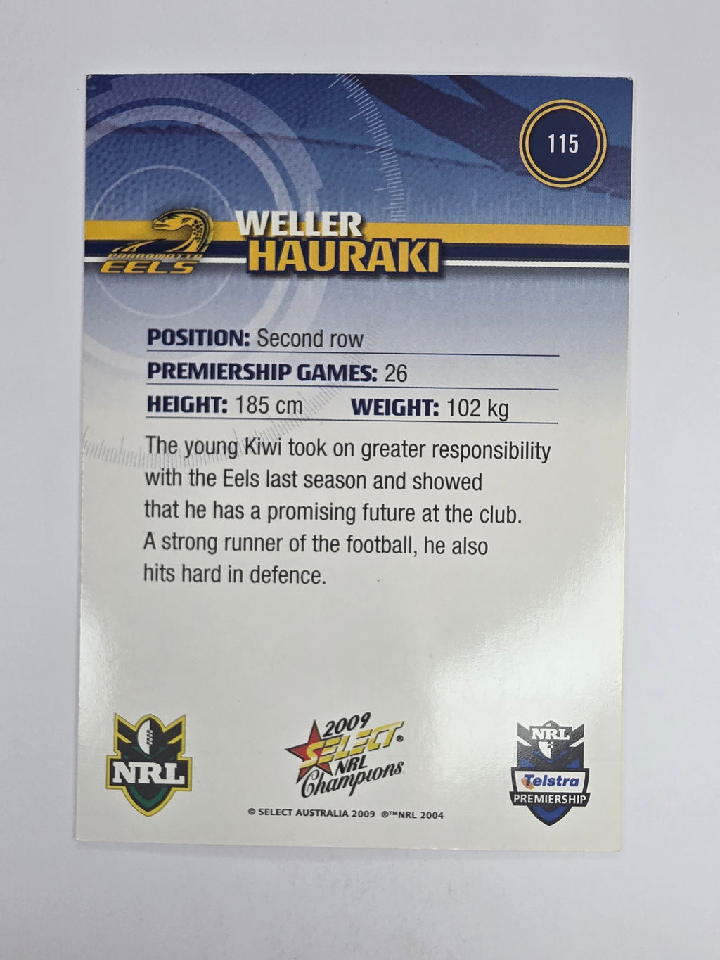 NRL 2009 Champions Base Card #115 Weller Hauraki Parramatta Eels