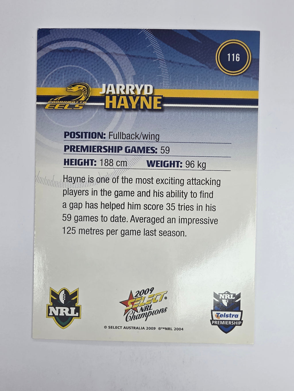 NRL 2009 Champions Base Card #116 Jarryd Hayne Parramatta Eels