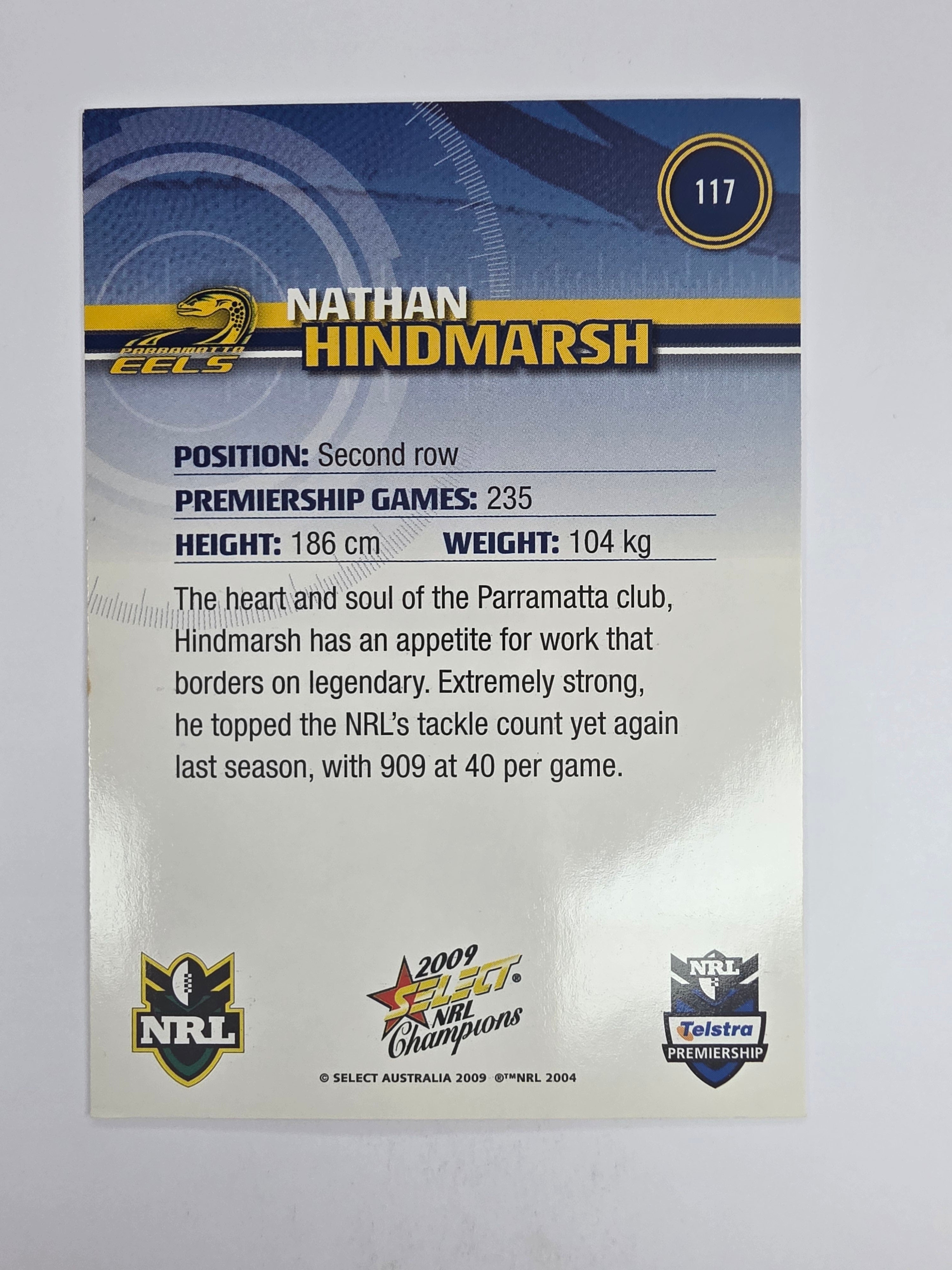 NRL 2009 Champions Base Card #117 Nathan Hindmarsh Parramatta Eels