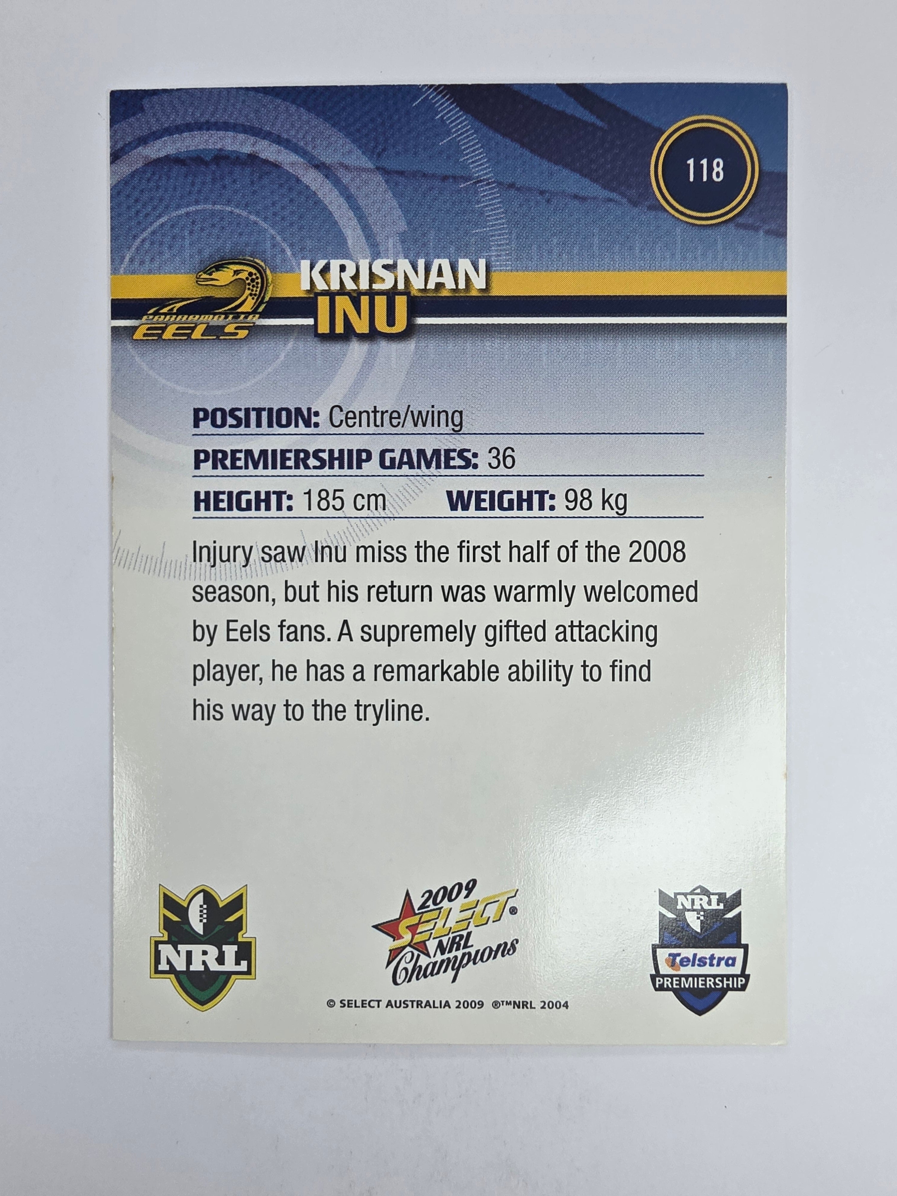 NRL 2009 Champions Base Card #118 Krisnan Inu Parramatta Eels