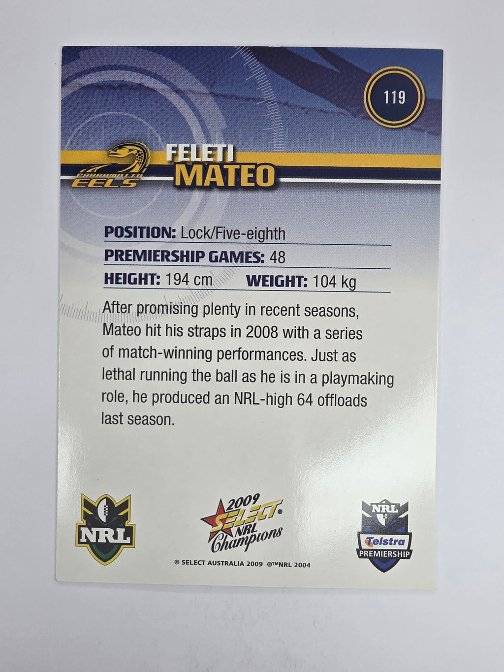 NRL 2009 Champions Base Card #119 Feleti Mateo Parramatta Eels
