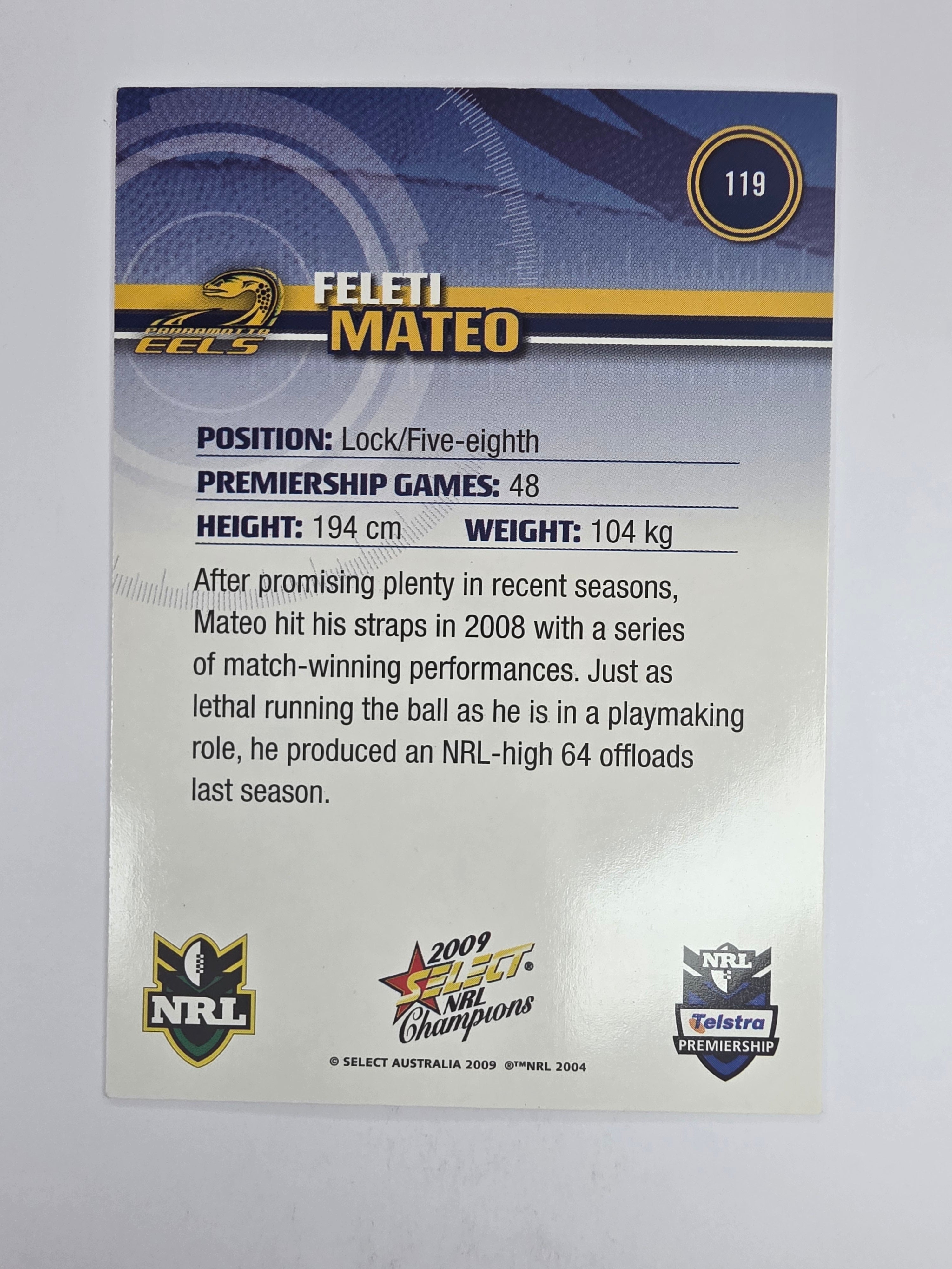 NRL 2009 Champions Base Card #119 Feleti Mateo Parramatta Eels
