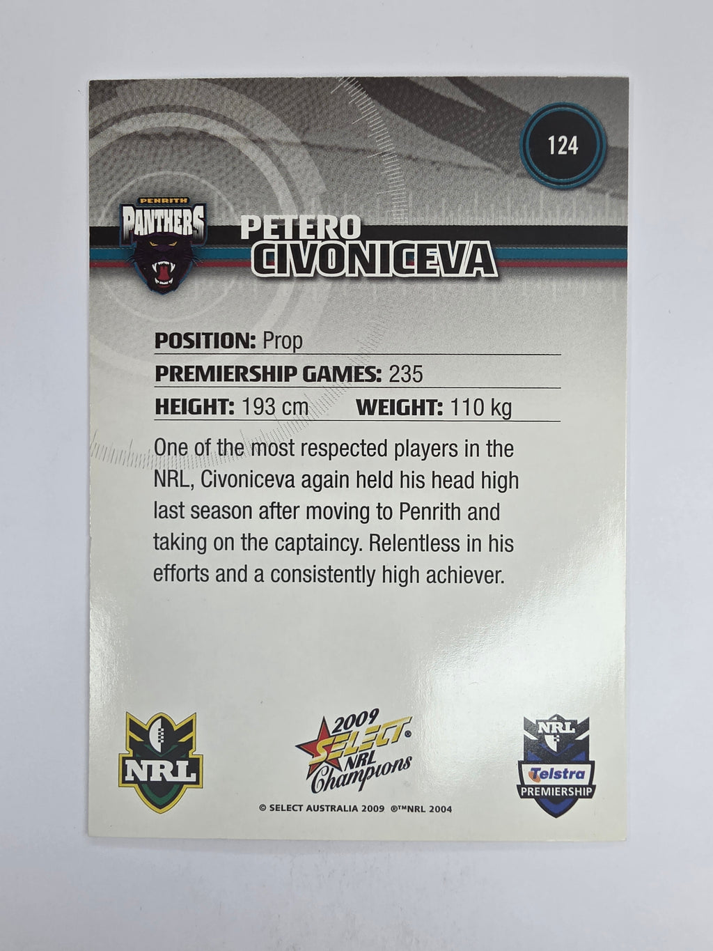 NRL 2009 Champions Base Card #124 Petero Civoniceva Penrith Panthers