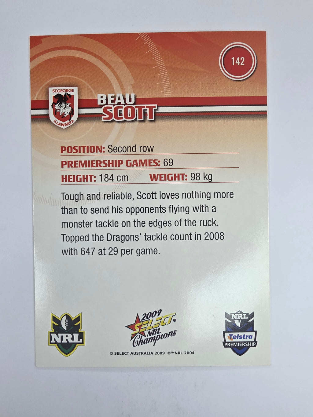 NRL 2009 Champions Base Card #142 Beau Scott St George Illawarra Dragons