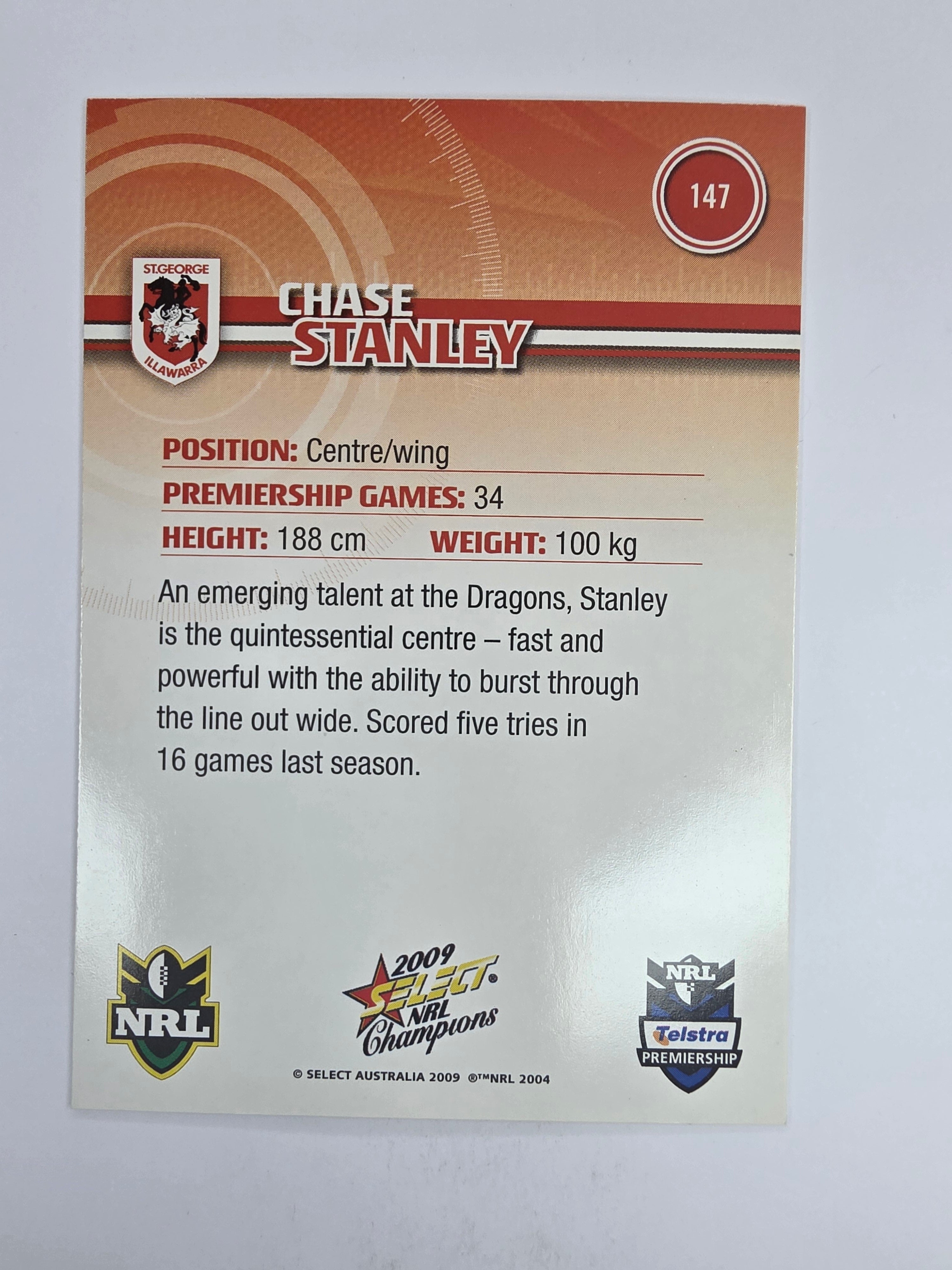 NRL 2009 Champions Base Card #147 Chase Stanley St George Illawarra Dragons