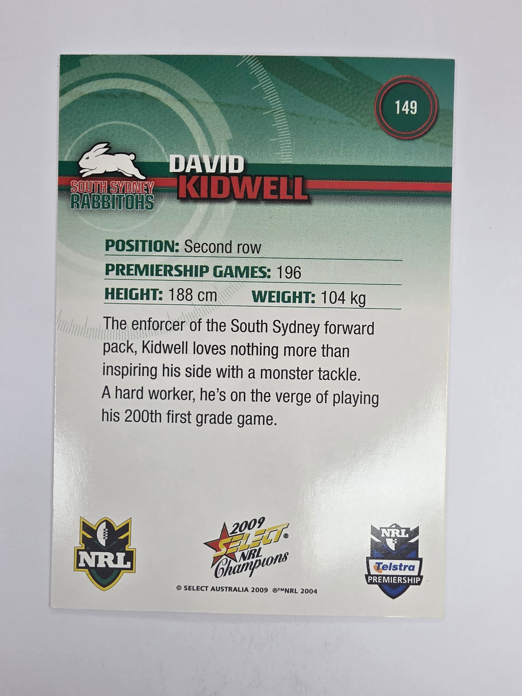 NRL 2009 Champions Base Card #149 David Kidwell South Sydney Rabbitohs
