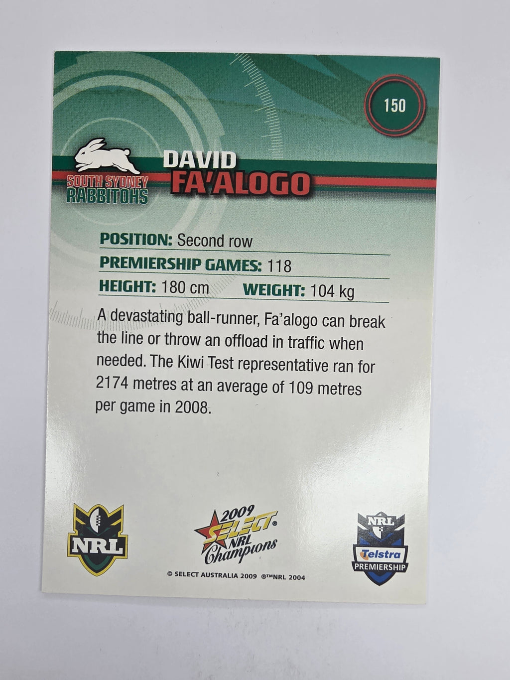 NRL 2009 Champions Base Card #150 David Fa’alogo South Sydney Rabbitohs