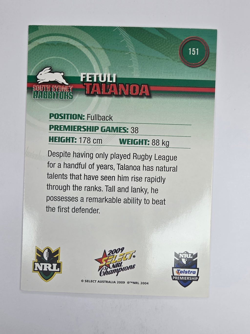 NRL 2009 Champions Base Card #151 Fetuli Talanoa South Sydney Rabbitohs