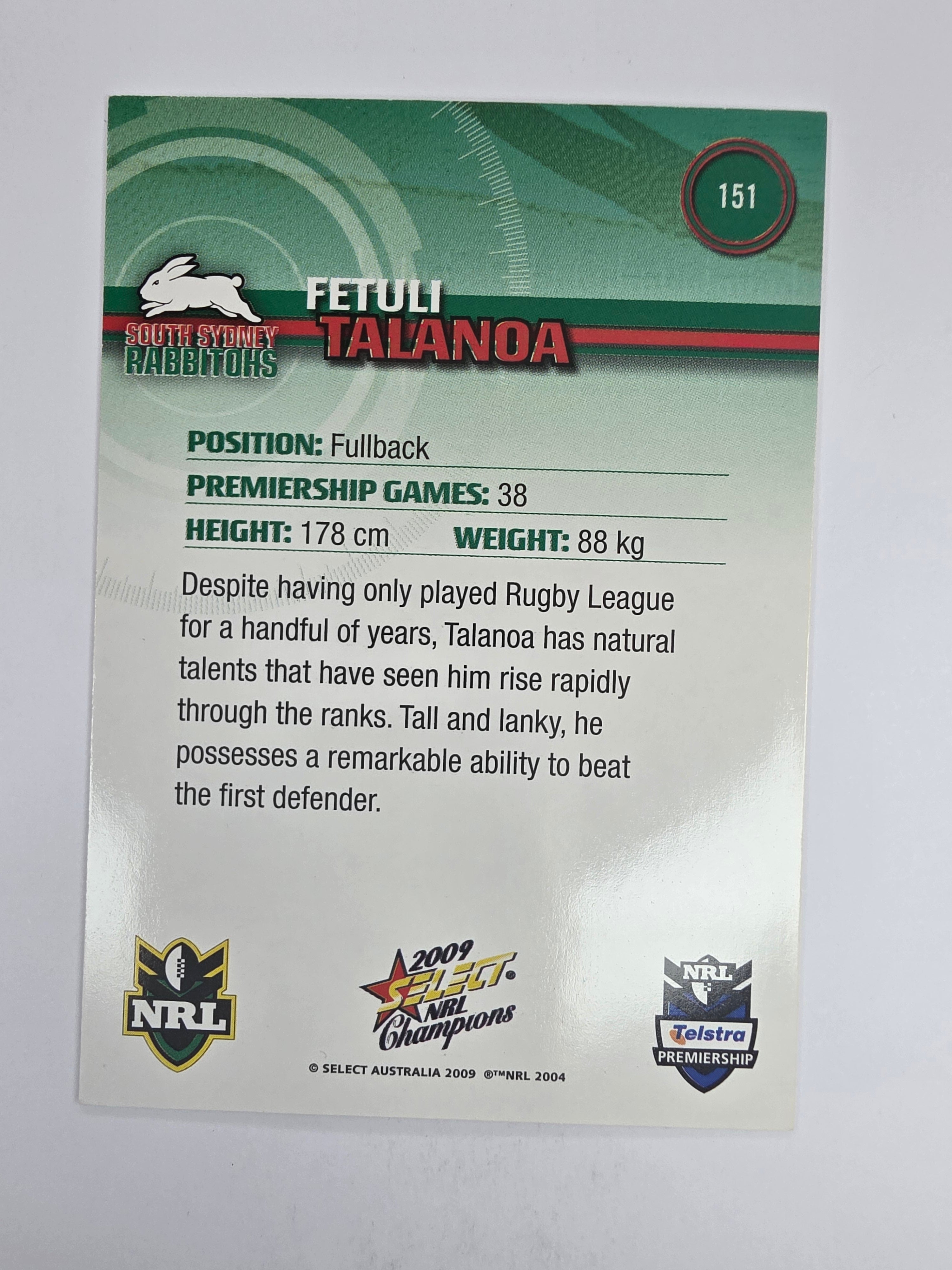 NRL 2009 Champions Base Card #151 Fetuli Talanoa South Sydney Rabbitohs
