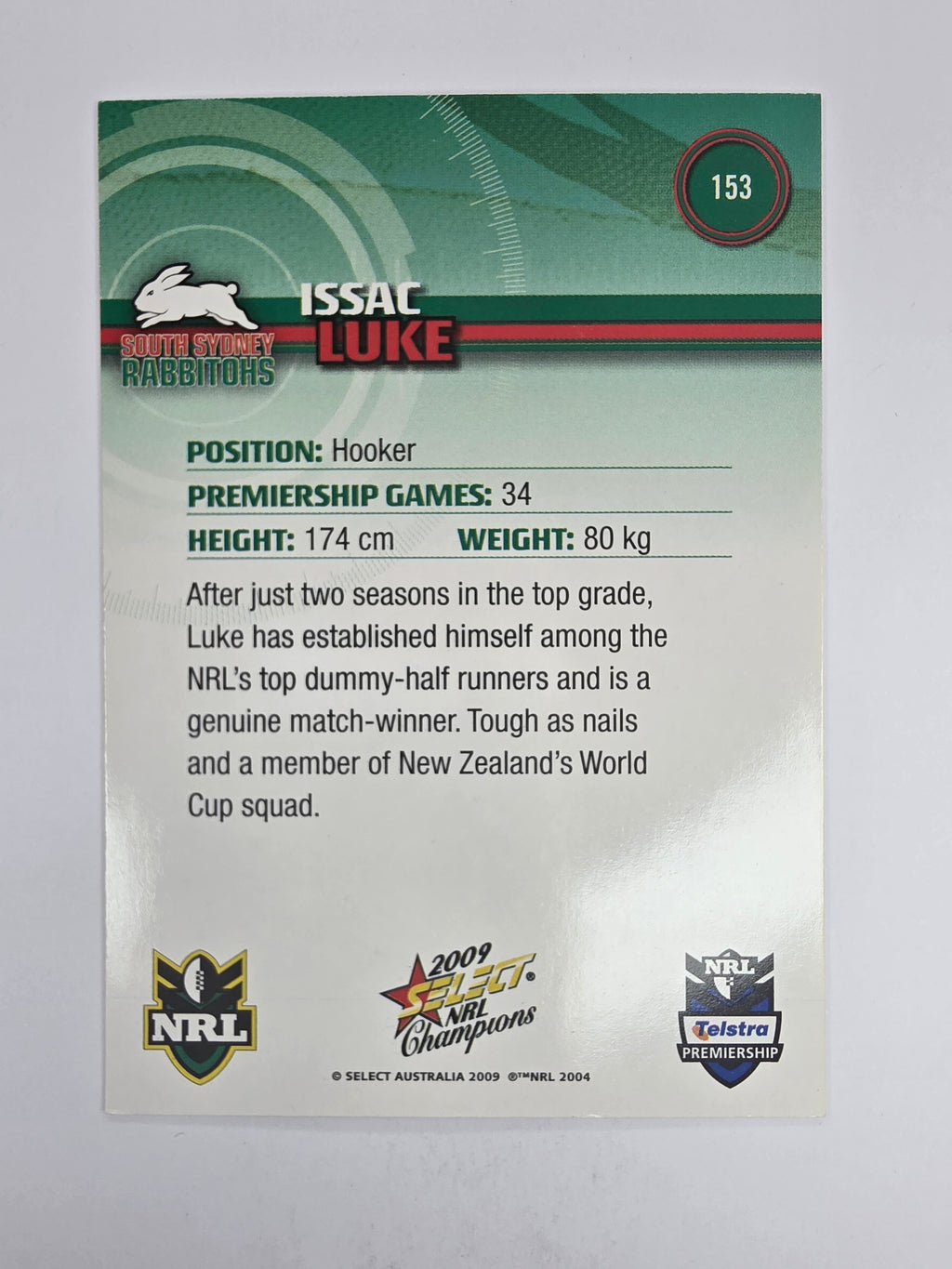 NRL 2009 Champions Base Card #153 Issac Luke South Sydney Rabbitohs