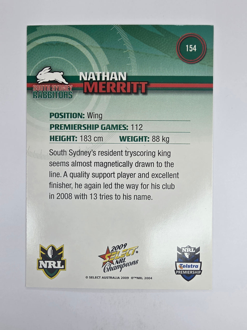 NRL 2009 Champions Base Card #154 Nathan Merritt South Sydney Rabbitohs