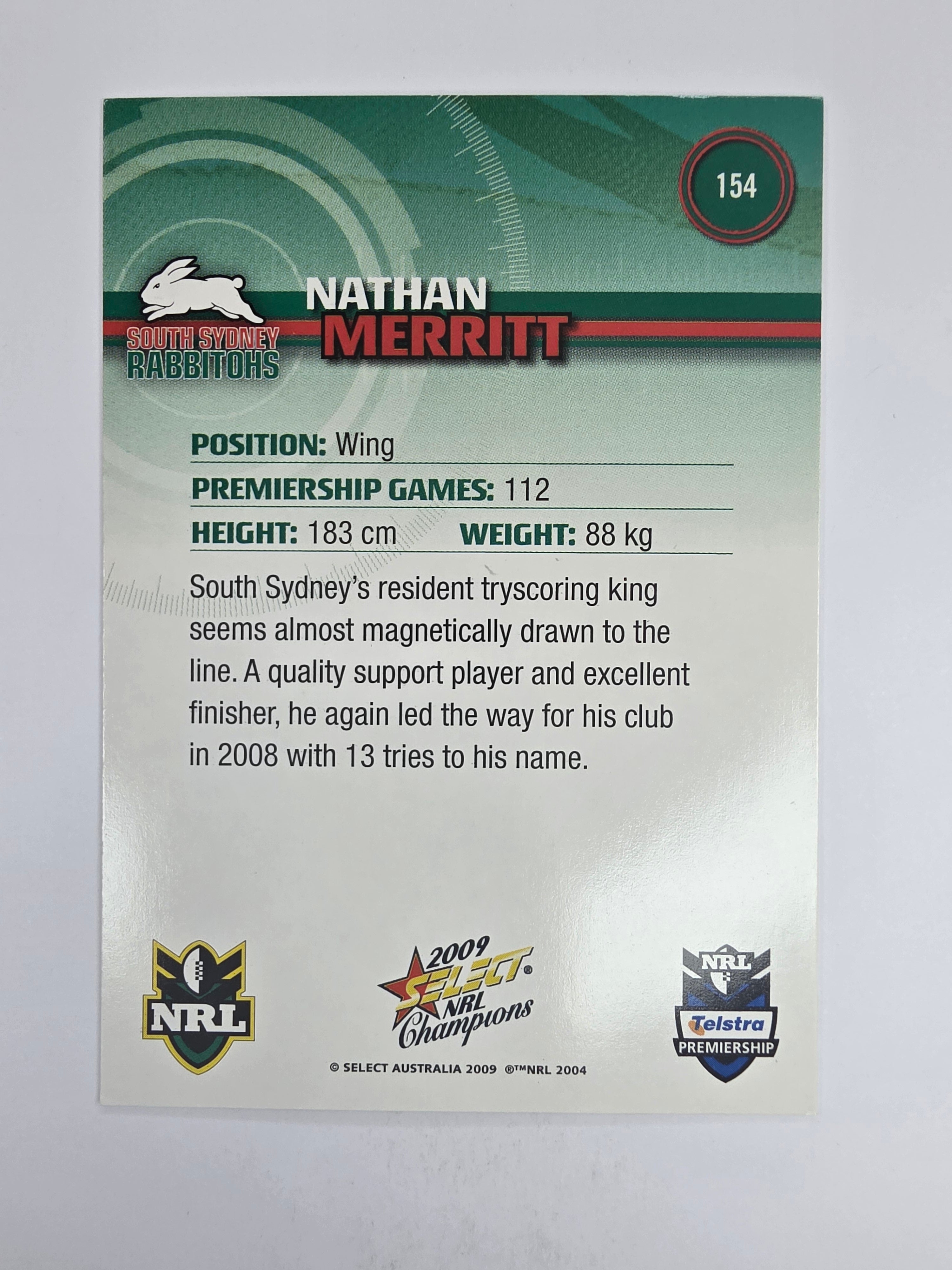 NRL 2009 Champions Base Card #154 Nathan Merritt South Sydney Rabbitohs