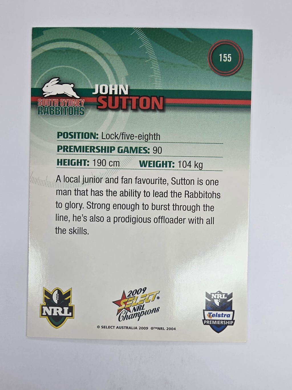 NRL 2009 Champions Base Card #155 John Sutton South Sydney Rabbitohs