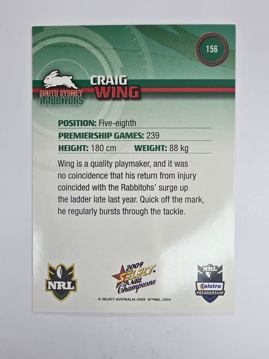 NRL 2009 Champions Base Card #156 Craig Wing South Sydney Rabbitohs