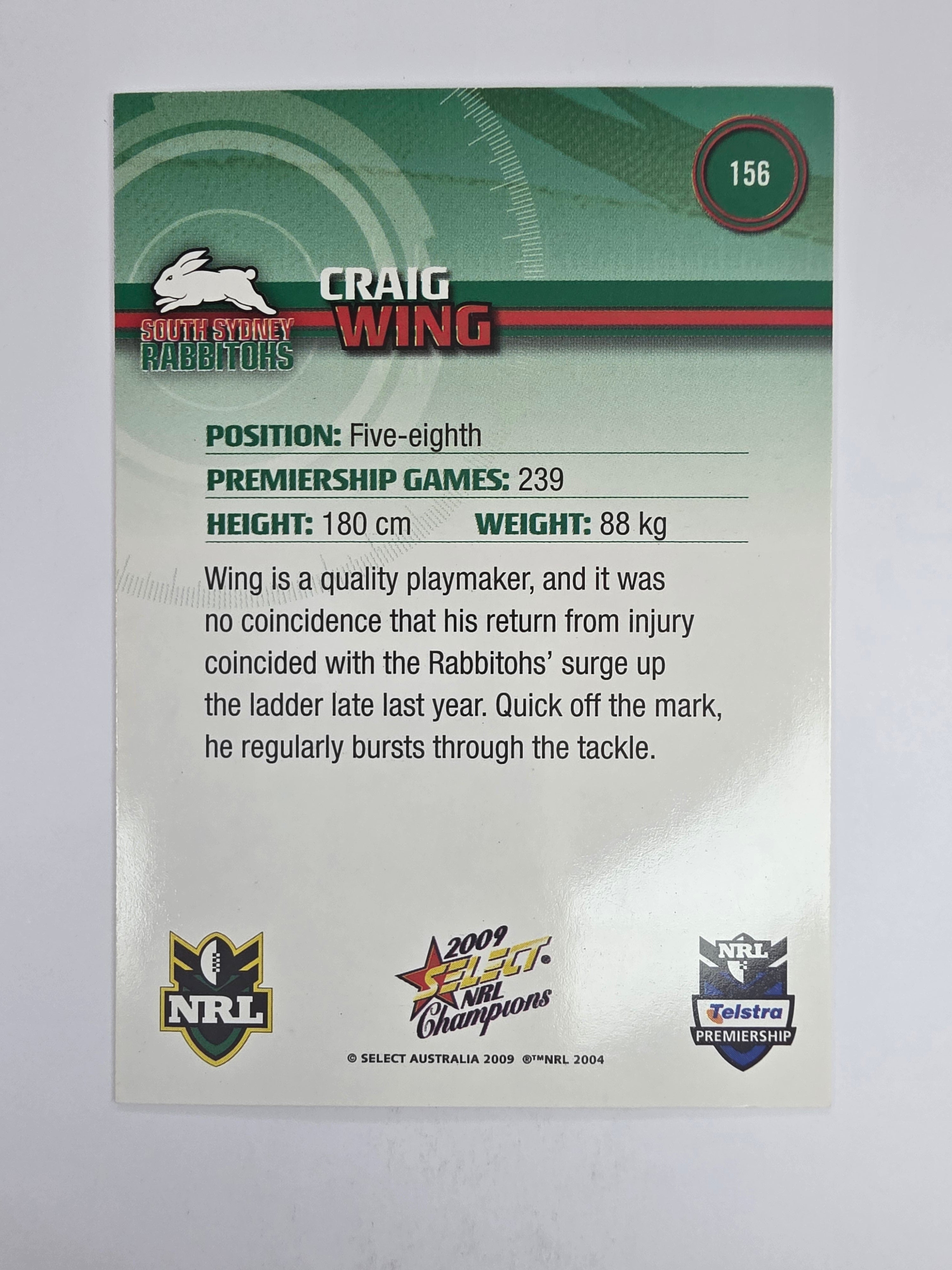 NRL 2009 Champions Base Card #156 Craig Wing South Sydney Rabbitohs