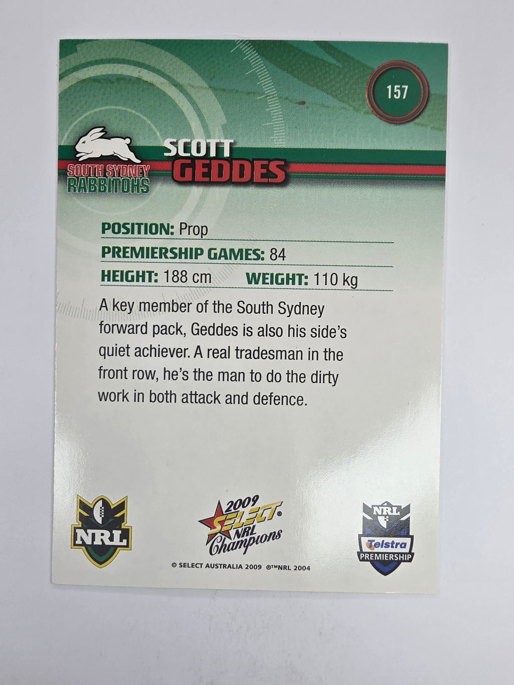 NRL 2009 Champions Base Card #157 Scott Geddes South Sydney Rabbitohs