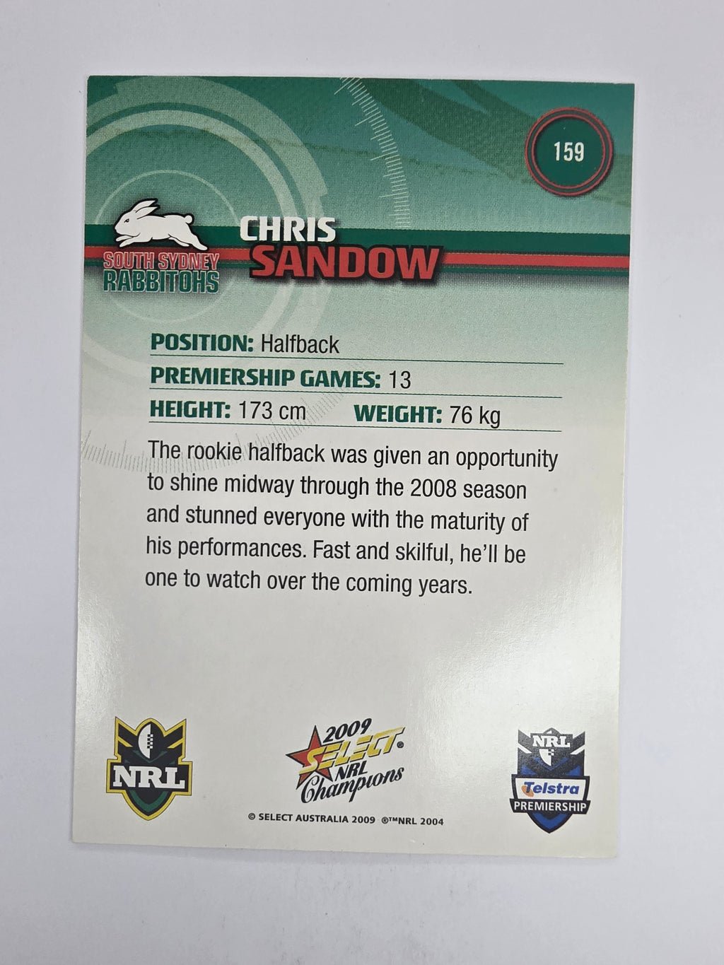 NRL 2009 Champions Base Card #159 Chris Sandow South Sydney Rabbitohs