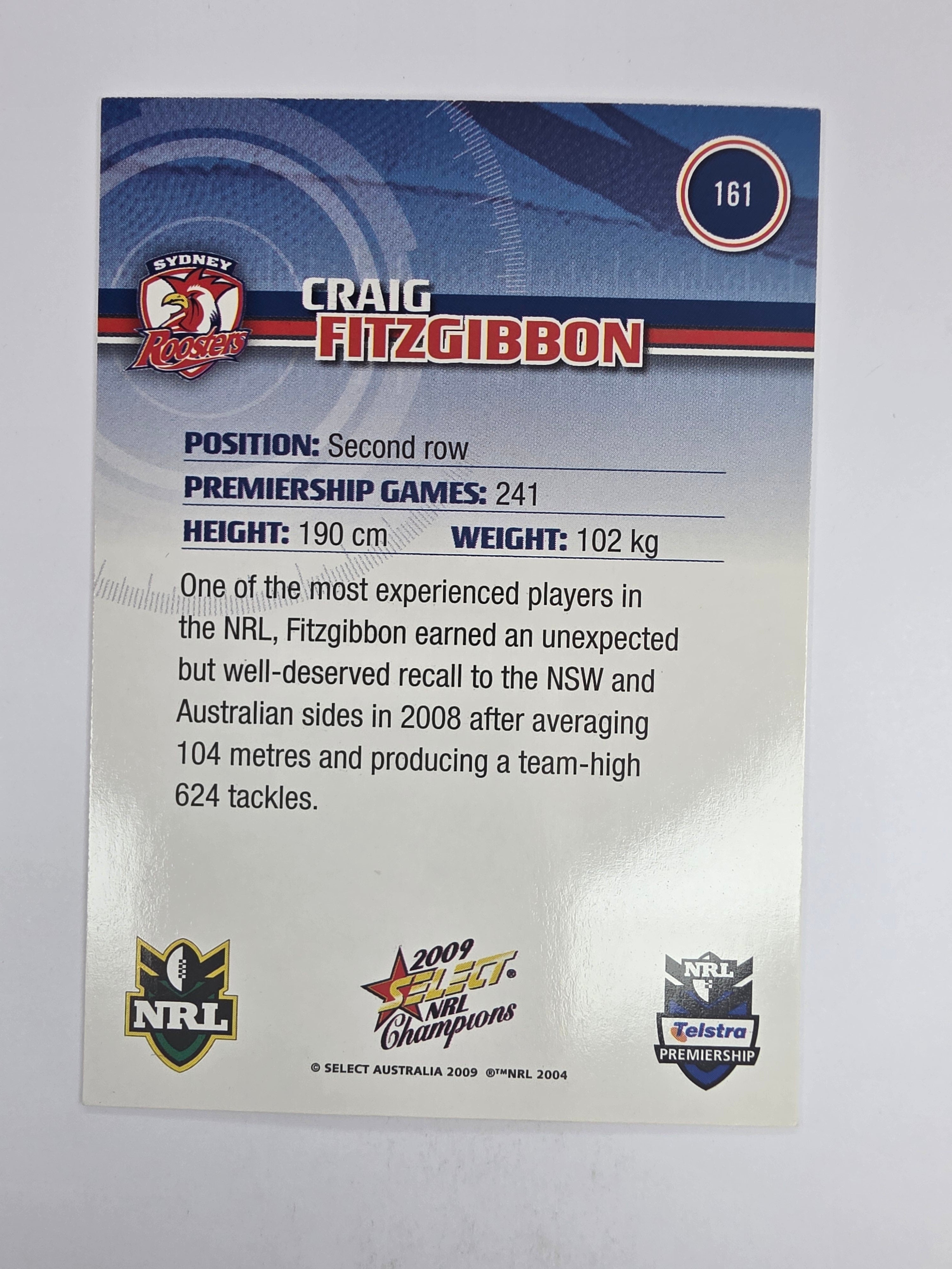NRL 2009 Champions Base Card #161 Craig Fitzgibbon Sydney Roosters