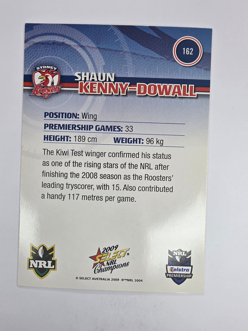 NRL 2009 Champions Base Card #162 Shaun Kenny-Dowall Sydney Roosters