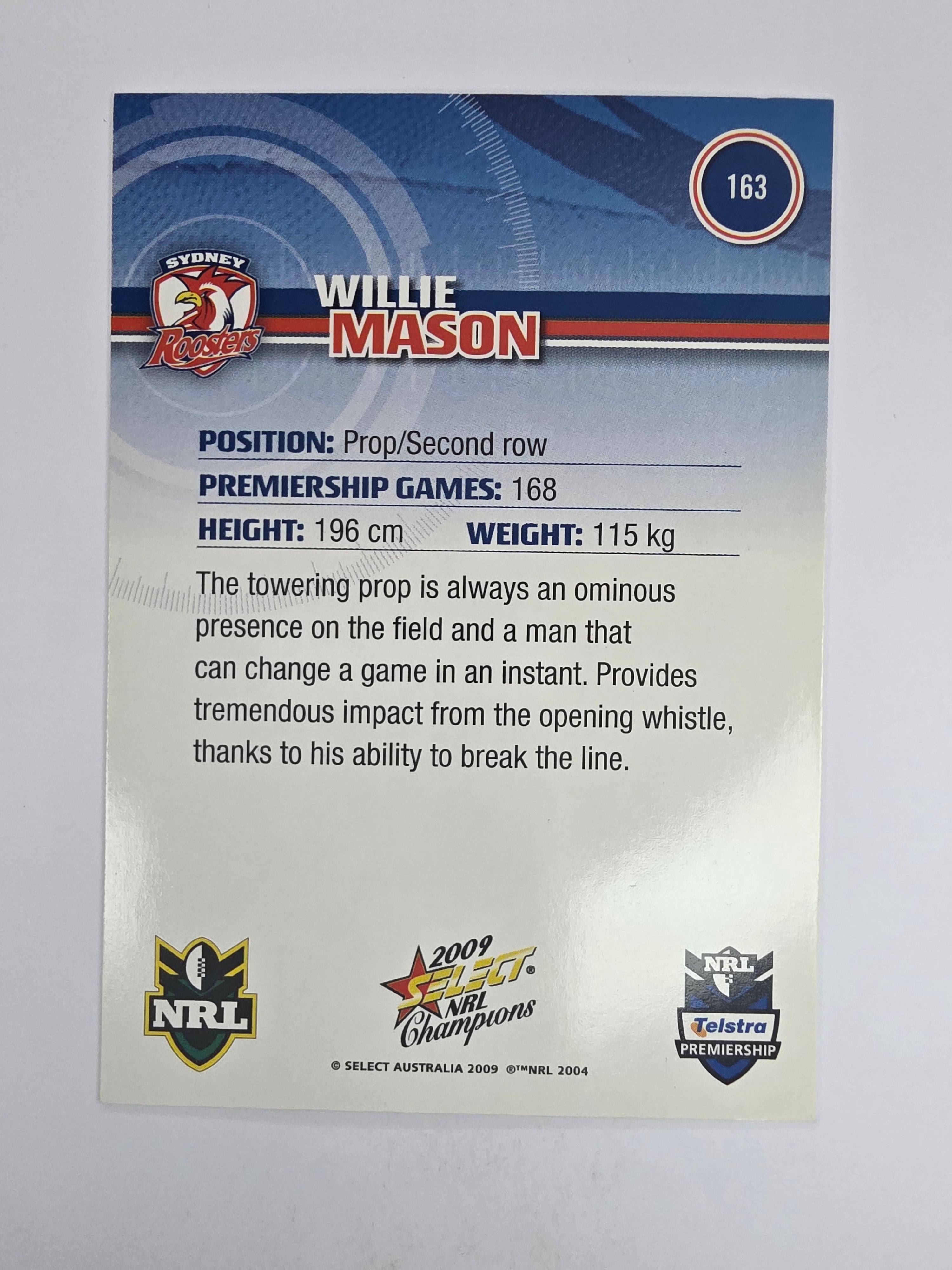 NRL 2009 Champions Base Card #163 Willie Mason Sydney Roosters
