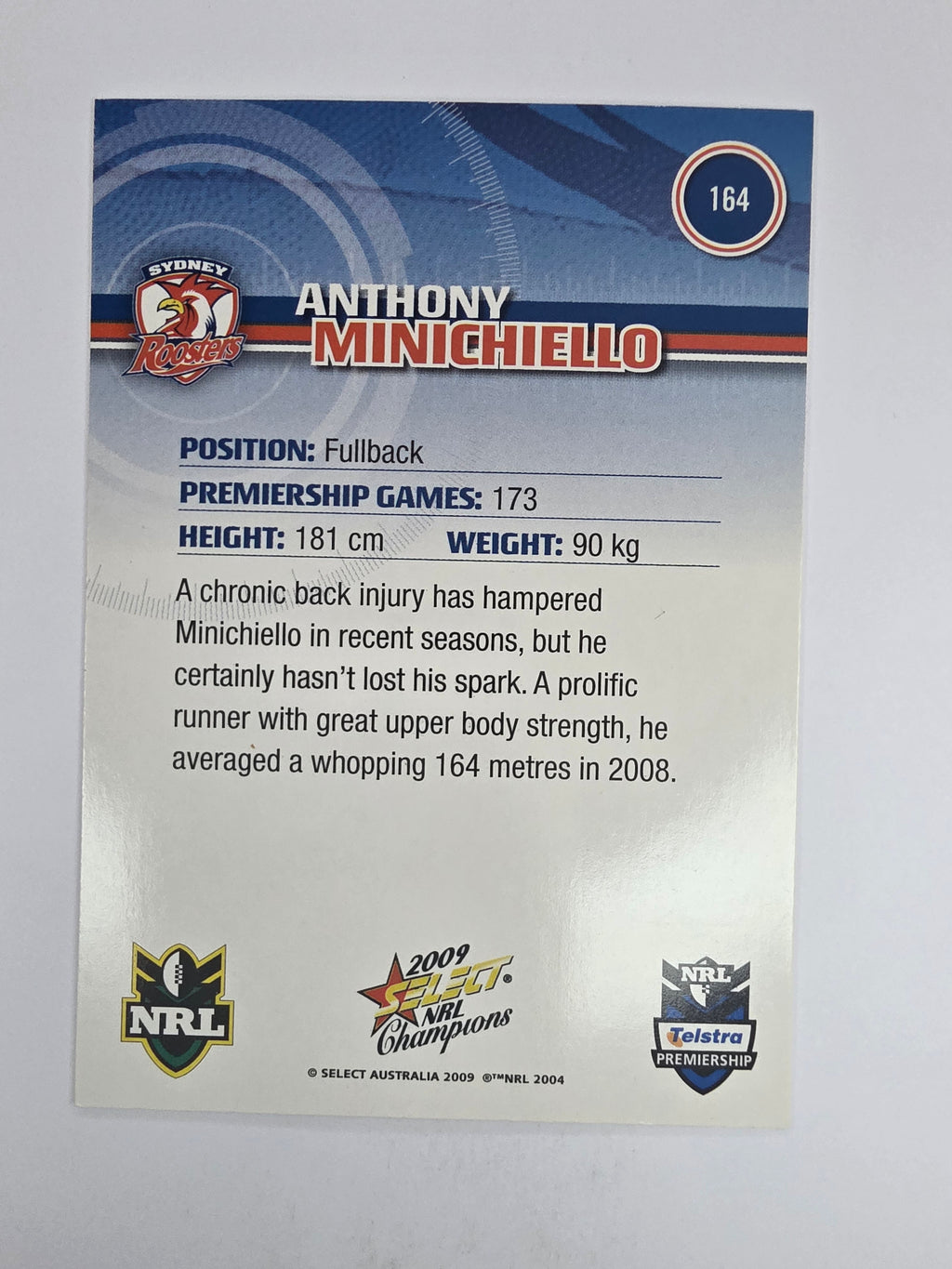 NRL 2009 Champions Base Card #164 Anthony Minichiello Sydney Roosters