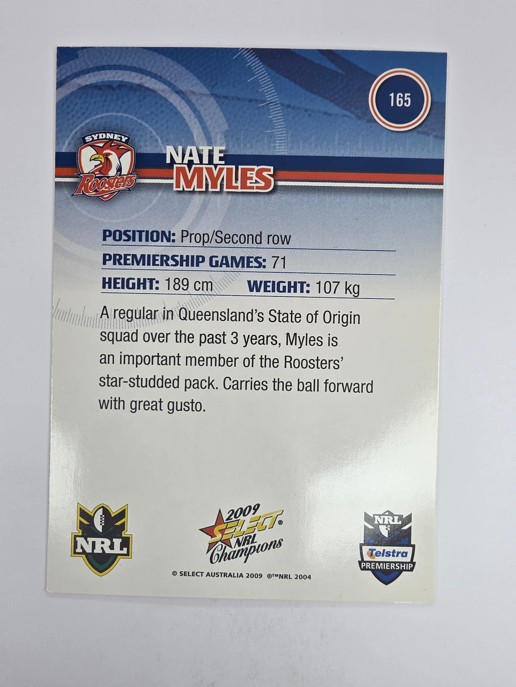 NRL 2009 Champions Base Card #165 Nate Myles Sydney Roosters
