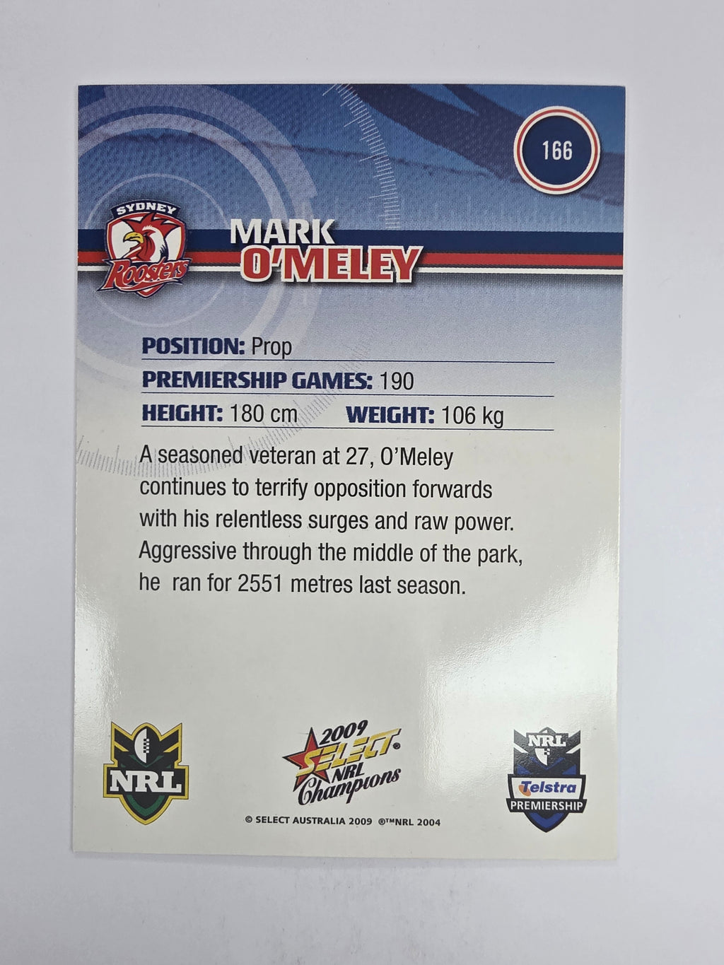 NRL 2009 Champions Base Card #166 Mark O’Meley Sydney Roosters