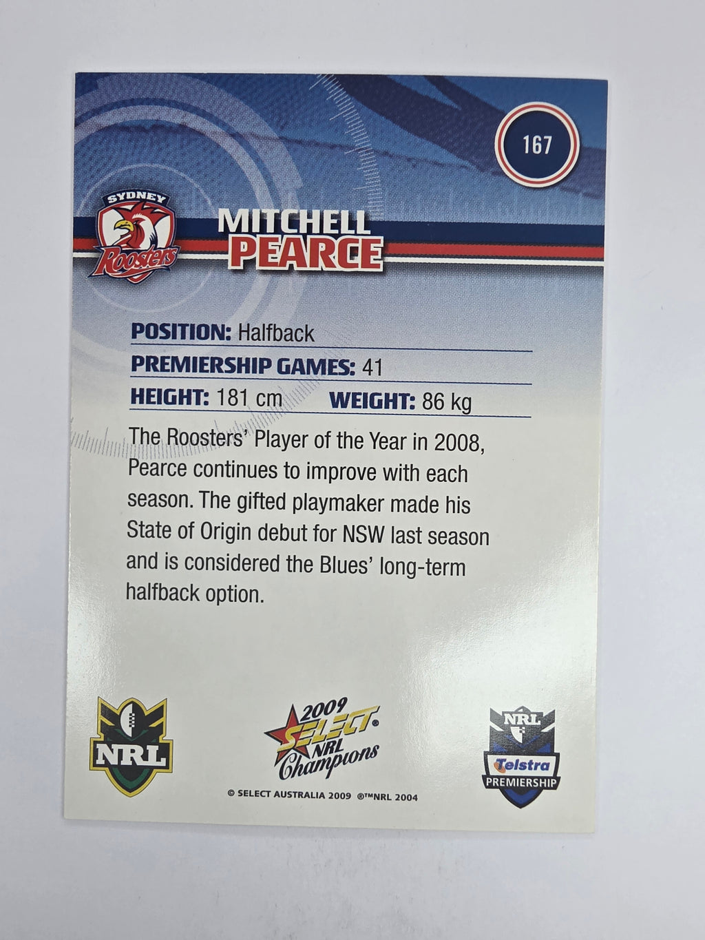 NRL 2009 Champions Base Card #167 Mitchell Pearce Sydney Roosters
