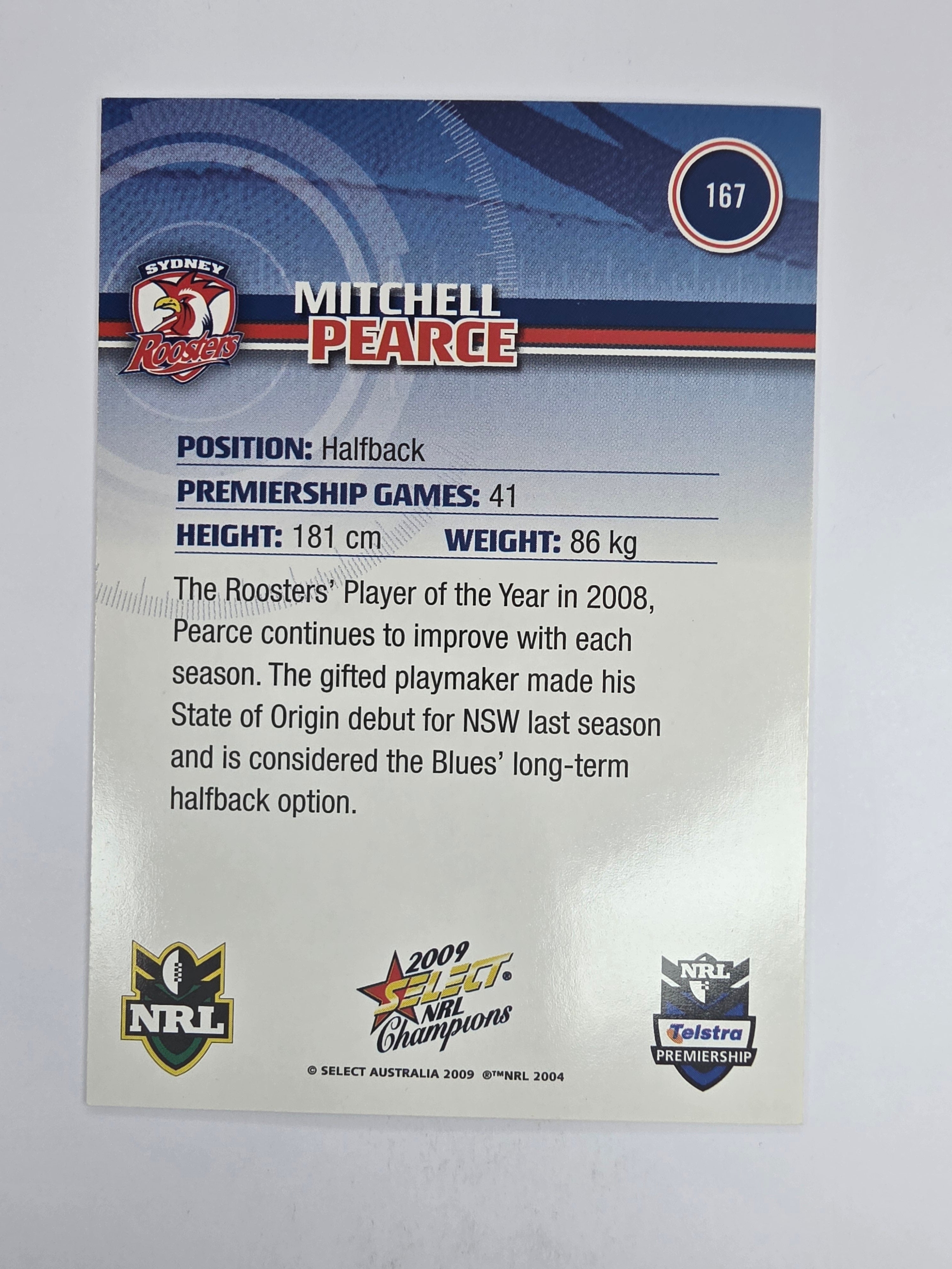 NRL 2009 Champions Base Card #167 Mitchell Pearce Sydney Roosters