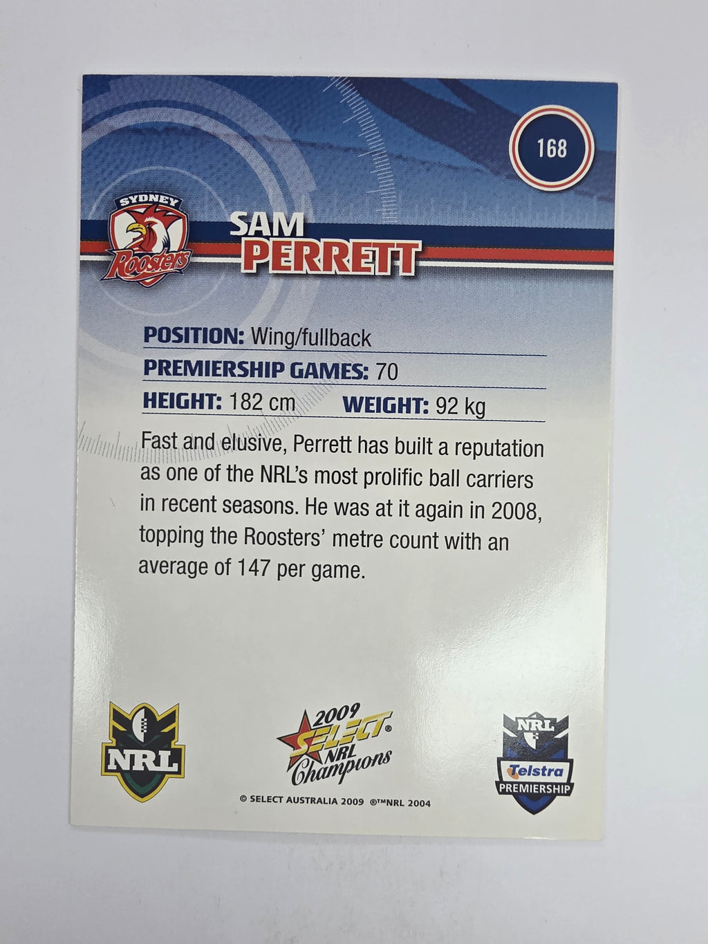 NRL 2009 Champions Base Card #168 Sam Perrett Sydney Roosters