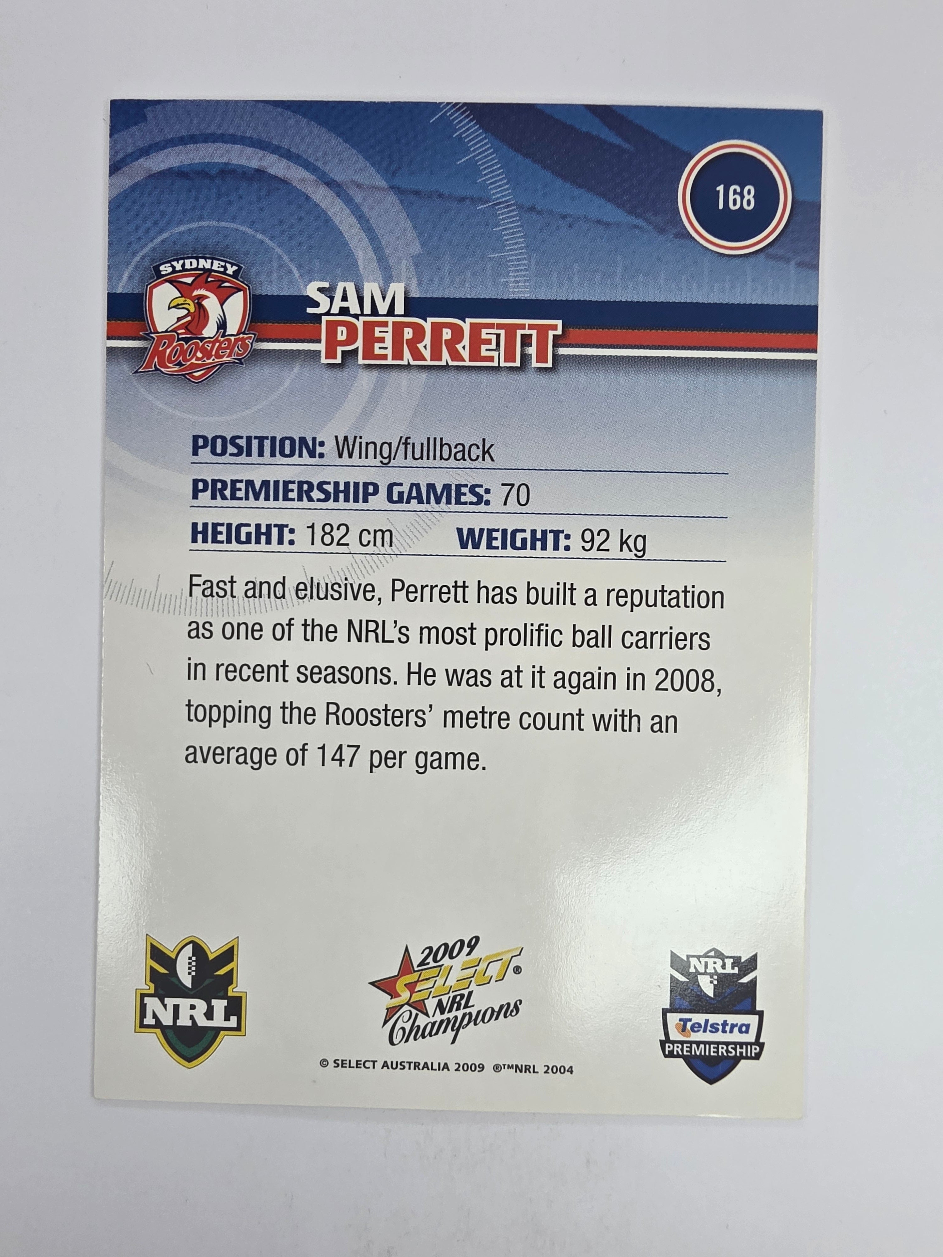 NRL 2009 Champions Base Card #168 Sam Perrett Sydney Roosters