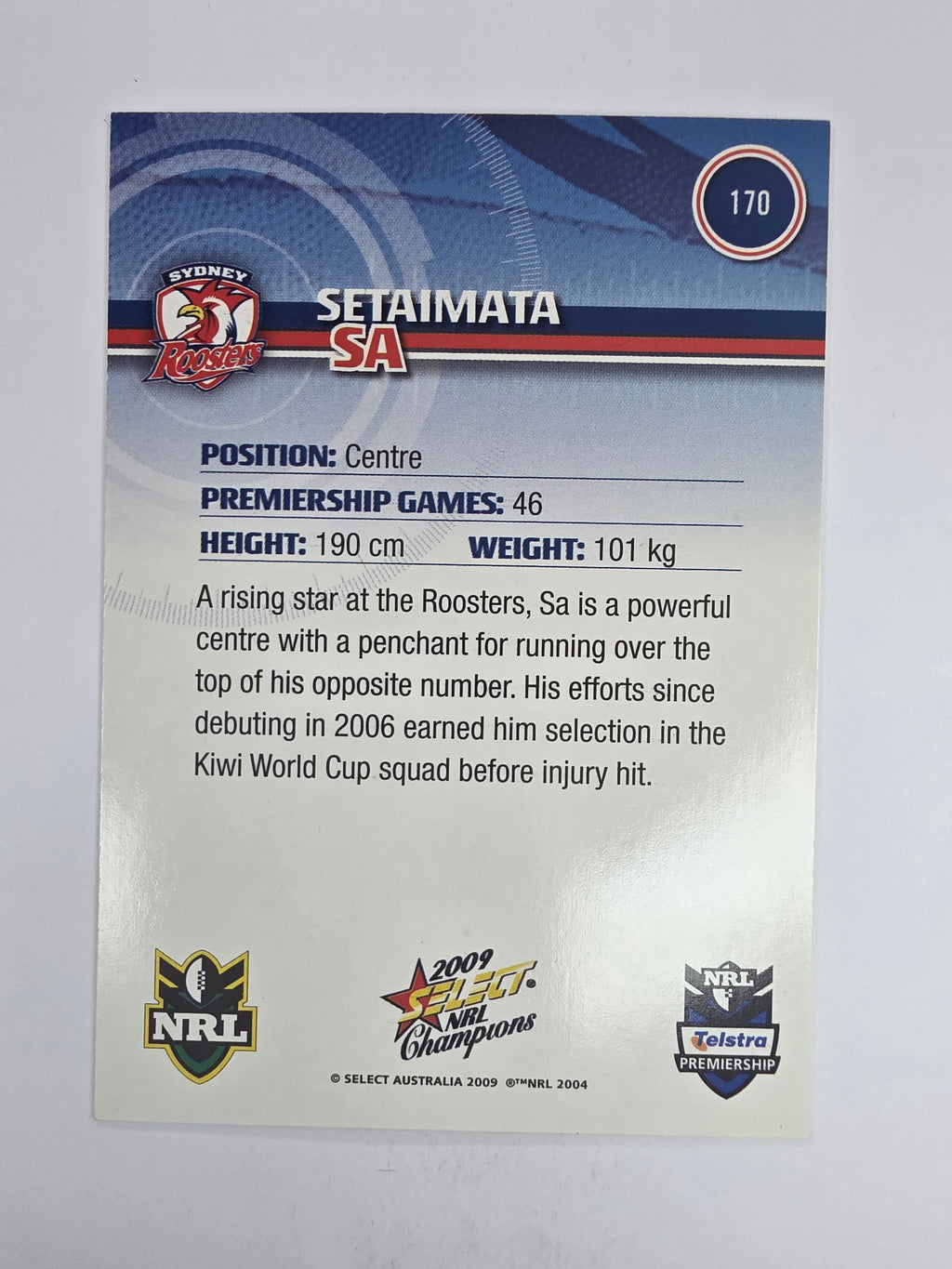 NRL 2009 Champions Base Card #170 Setaimata Sa Sydney Roosters