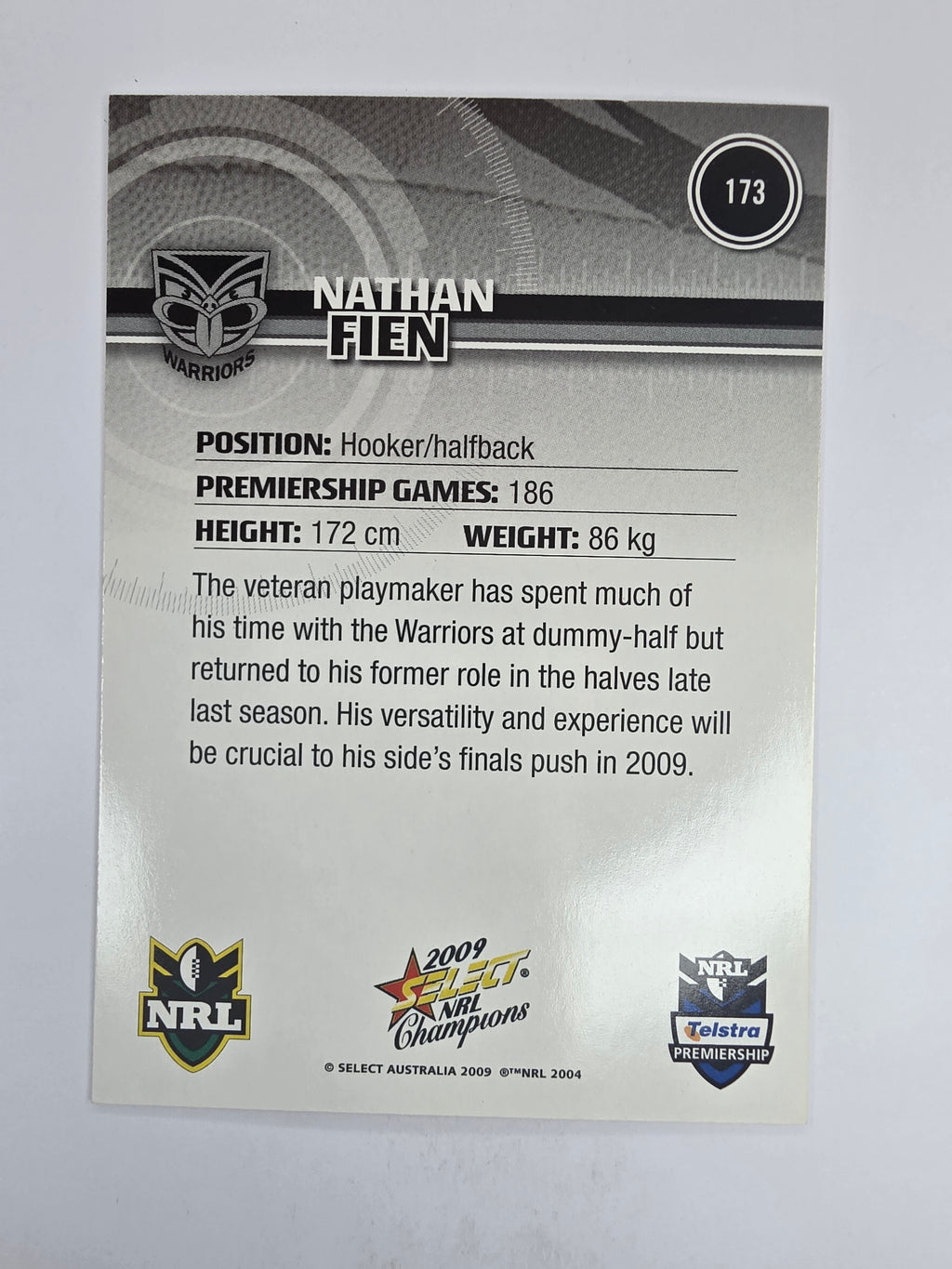 NRL 2009 Champions Base Card #173 Nathan Fien New Zealand Warriors
