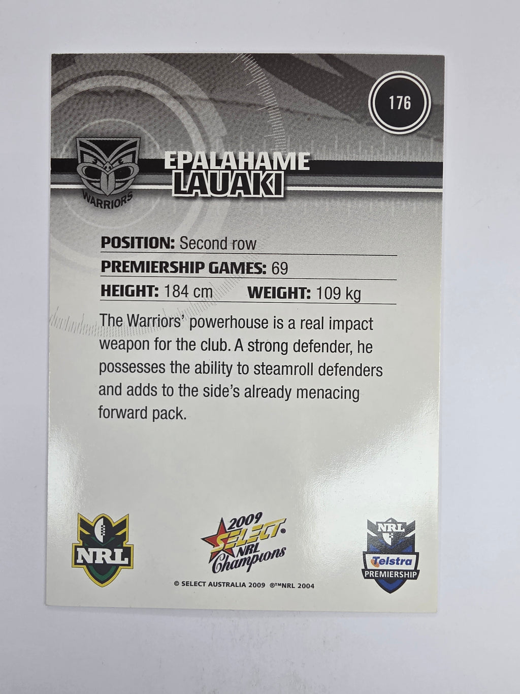 NRL 2009 Champions Base Card #176 Epalahame Lauaki New Zealand Warriors