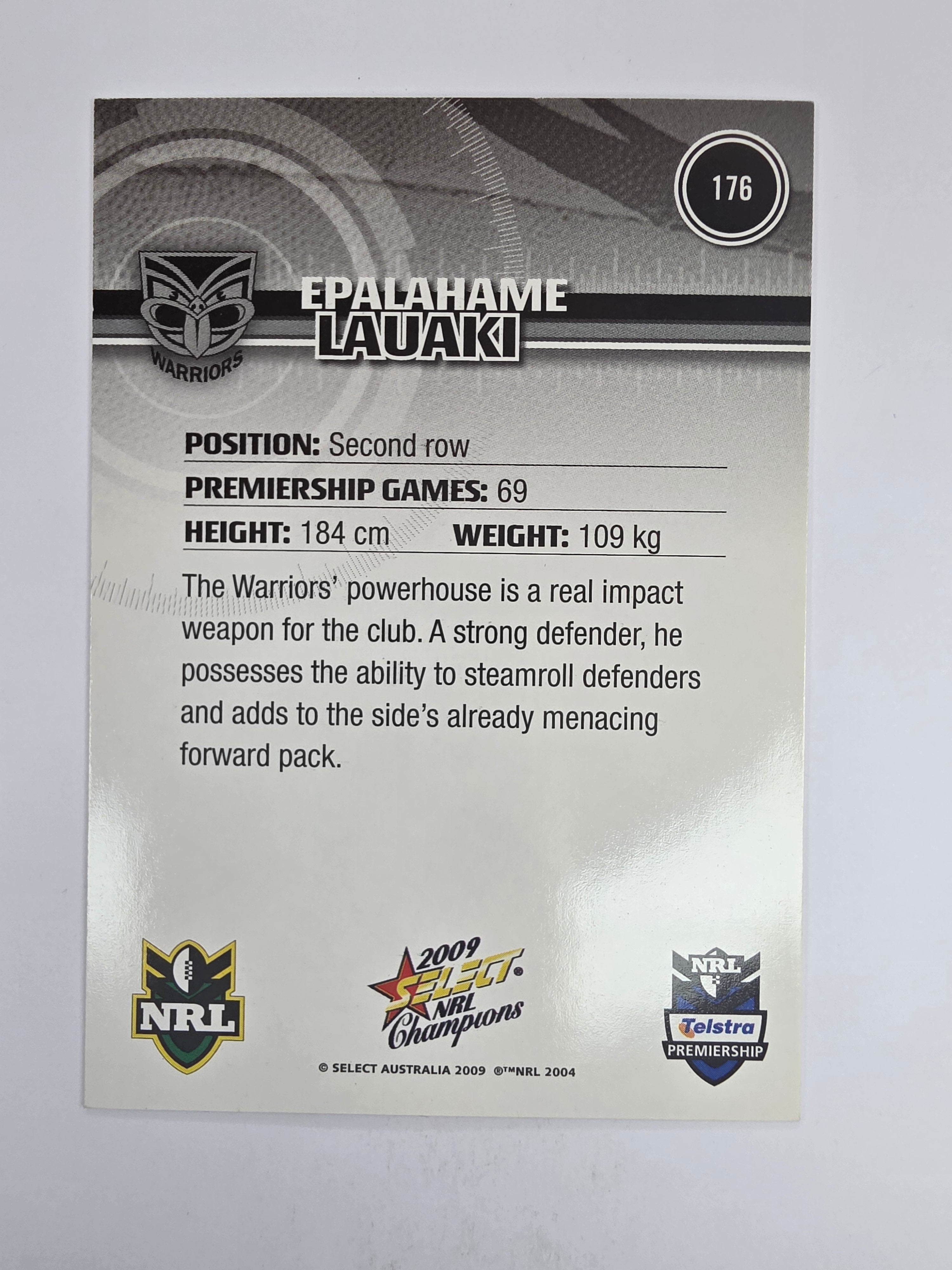 NRL 2009 Champions Base Card #176 Epalahame Lauaki New Zealand Warriors