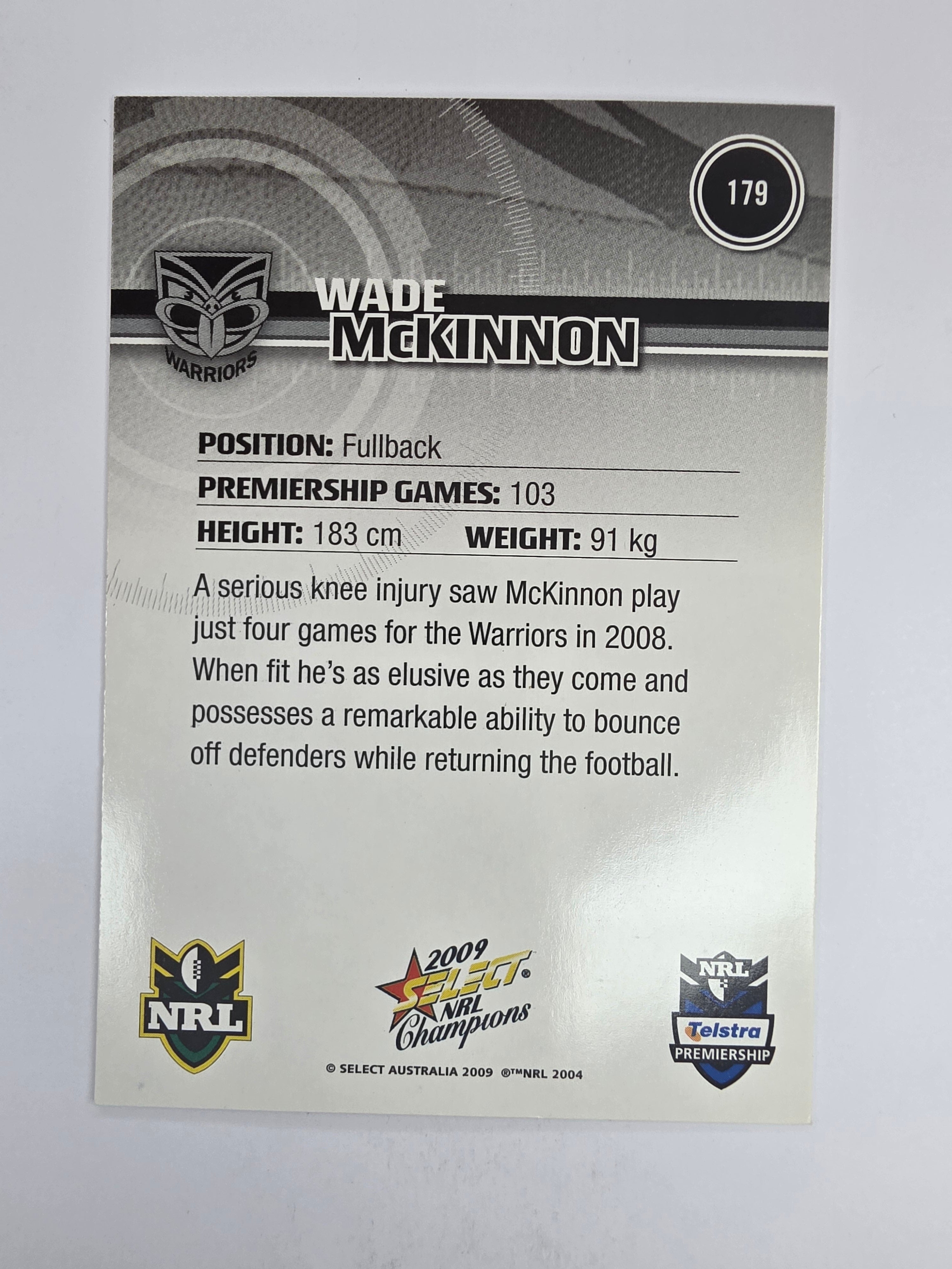 NRL 2009 Champions Base Card #179 Wade McKinnon New Zealand Warriors