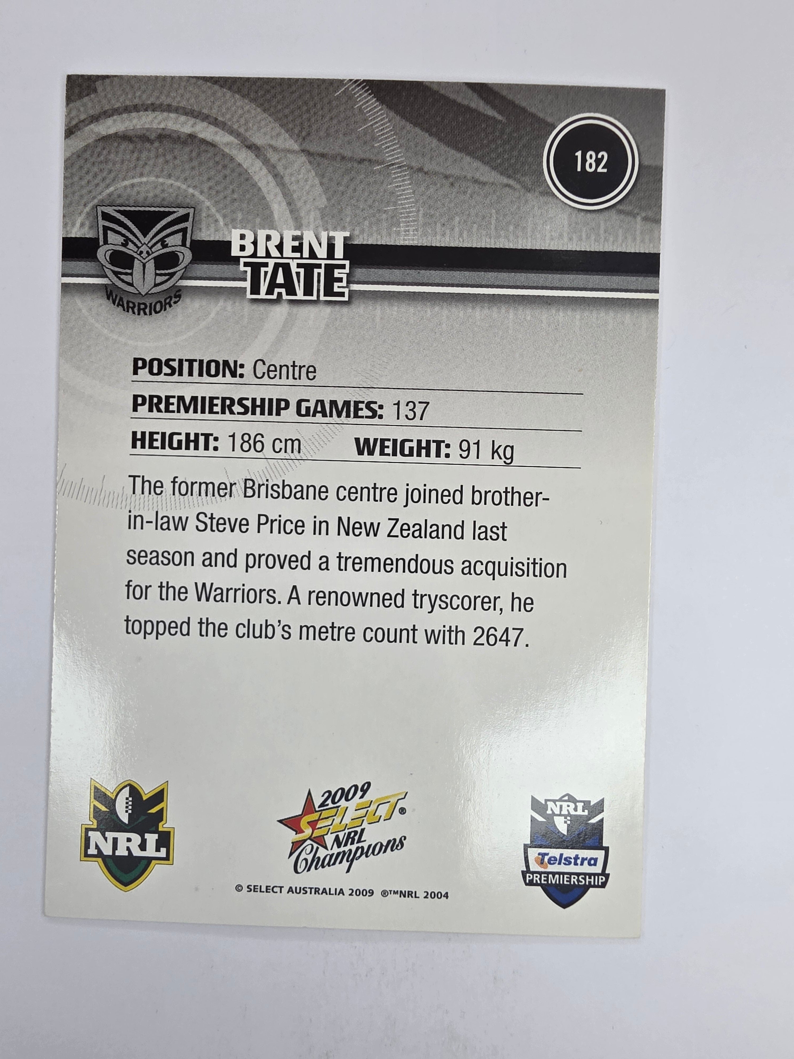 NRL 2009 Champions Base Card #182 Brent Tate New Zealand Warriors