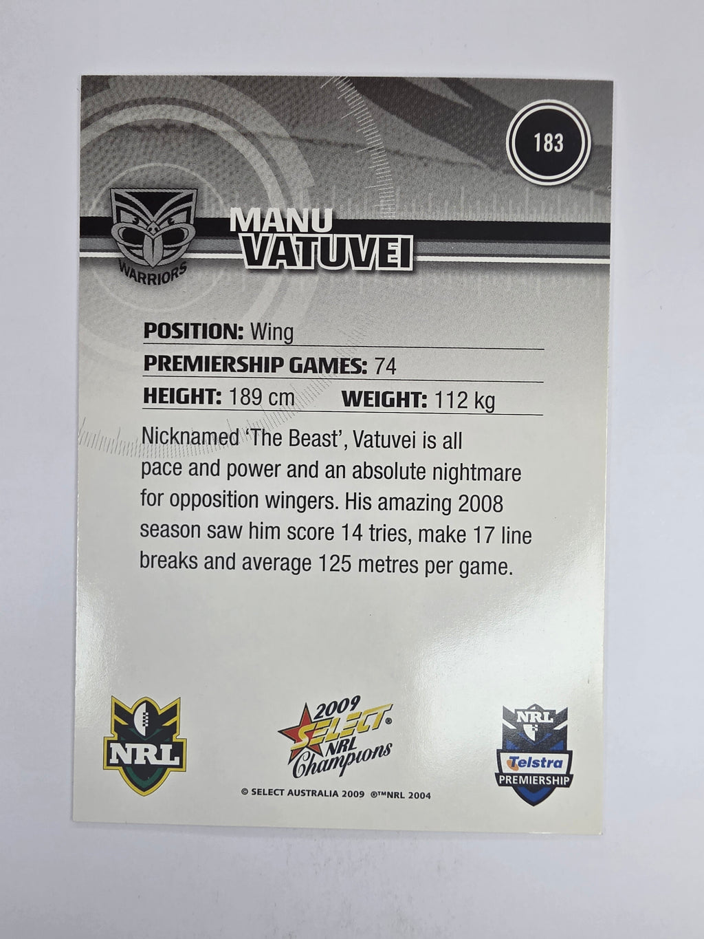 NRL 2009 Champions Base Card #183 Manu Vatuvei New Zealand Warriors