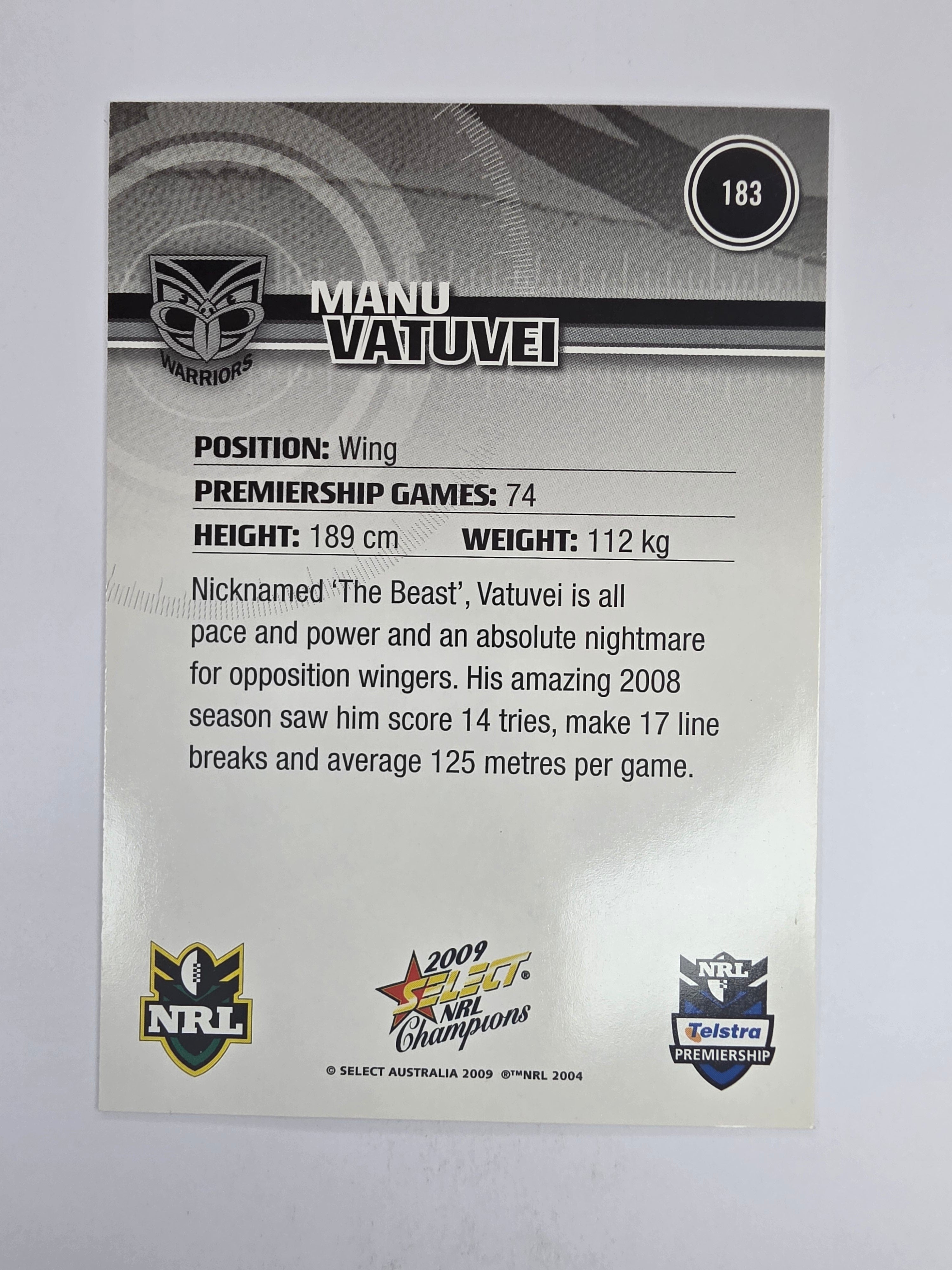 NRL 2009 Champions Base Card #183 Manu Vatuvei New Zealand Warriors