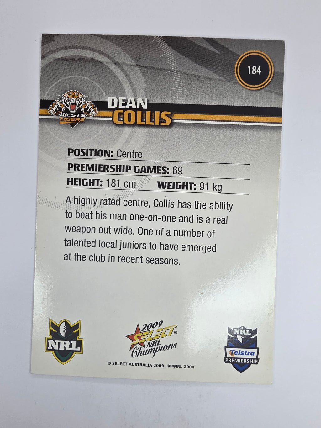 NRL 2009 Champions Base Card #184 Dean Collis Wests Tigers