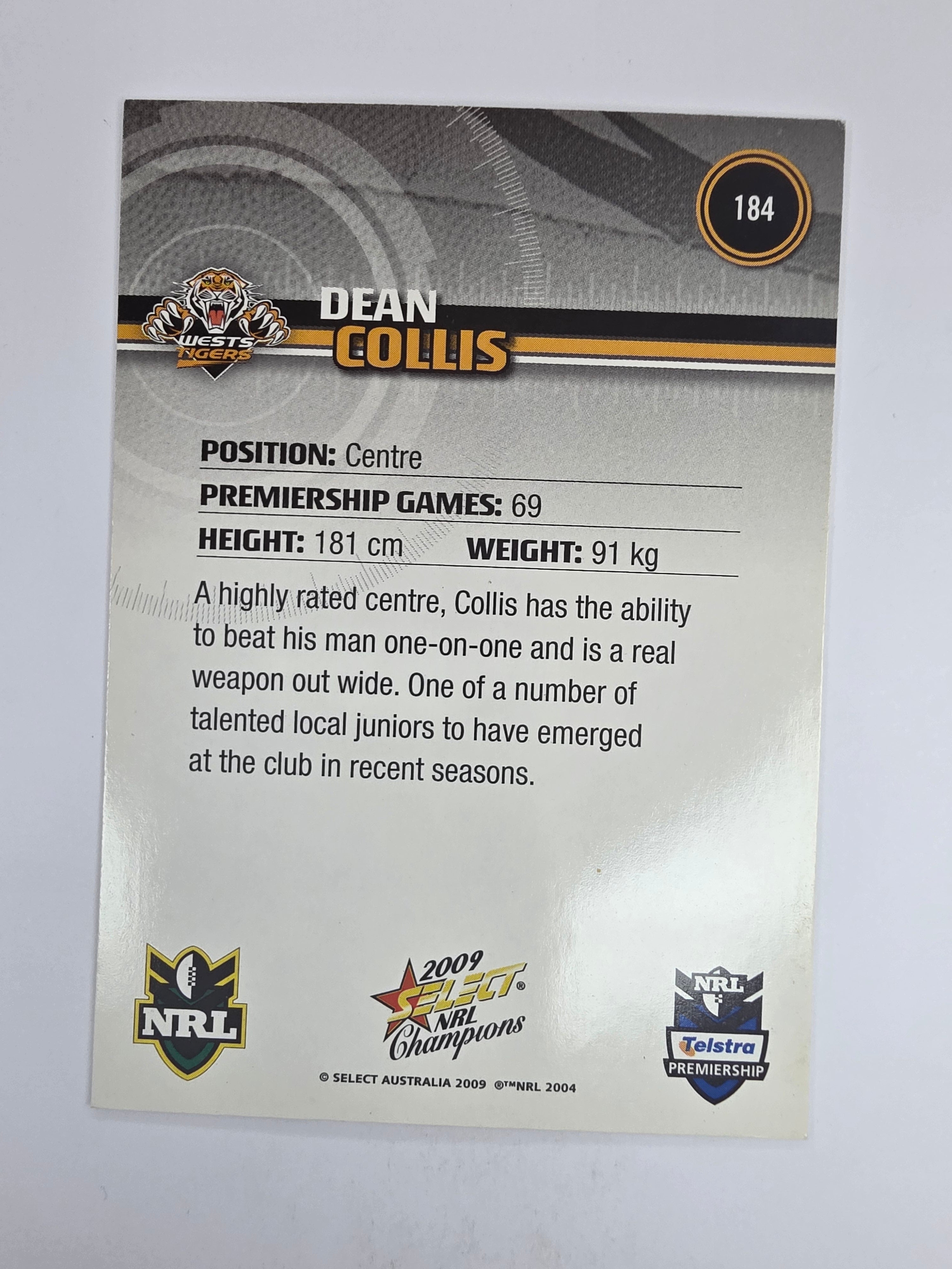 NRL 2009 Champions Base Card #184 Dean Collis Wests Tigers