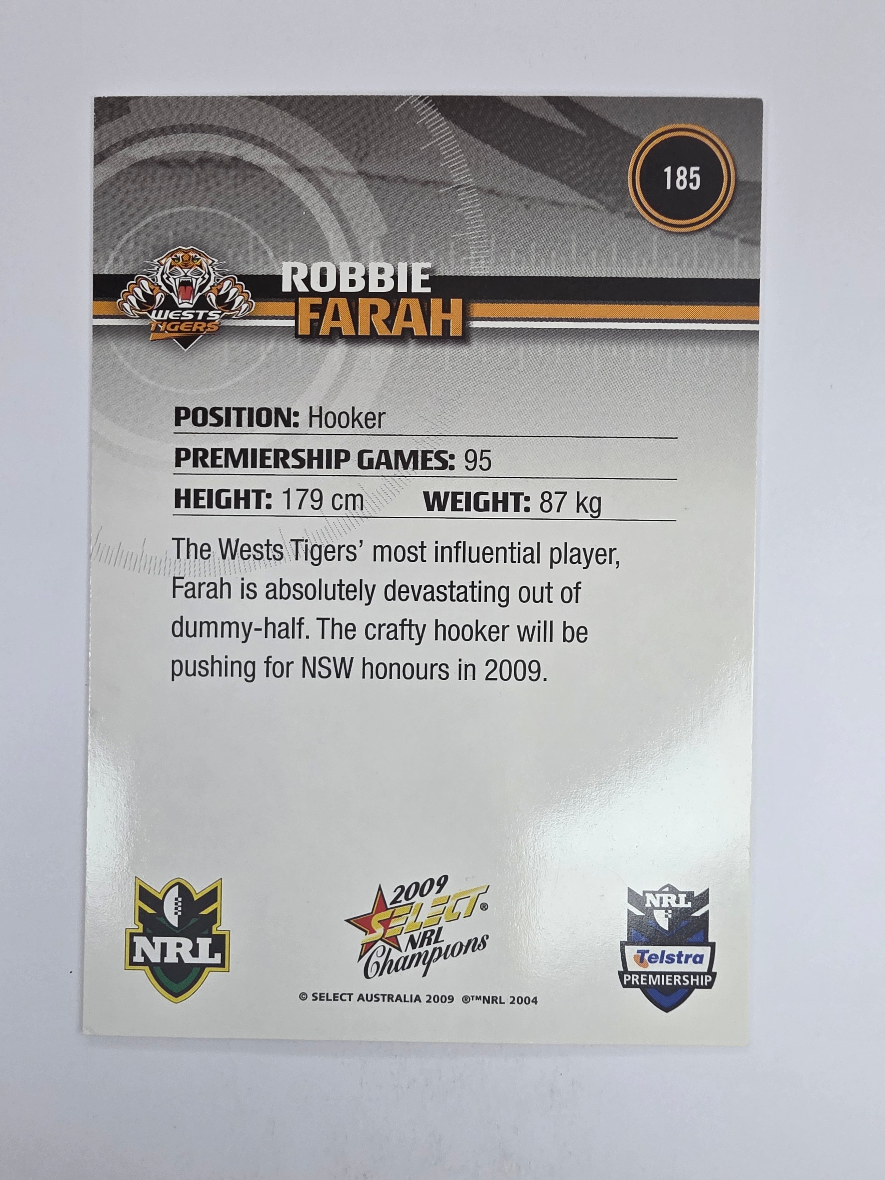NRL 2009 Champions Base Card #185 Robbie Farah Wests Tigers