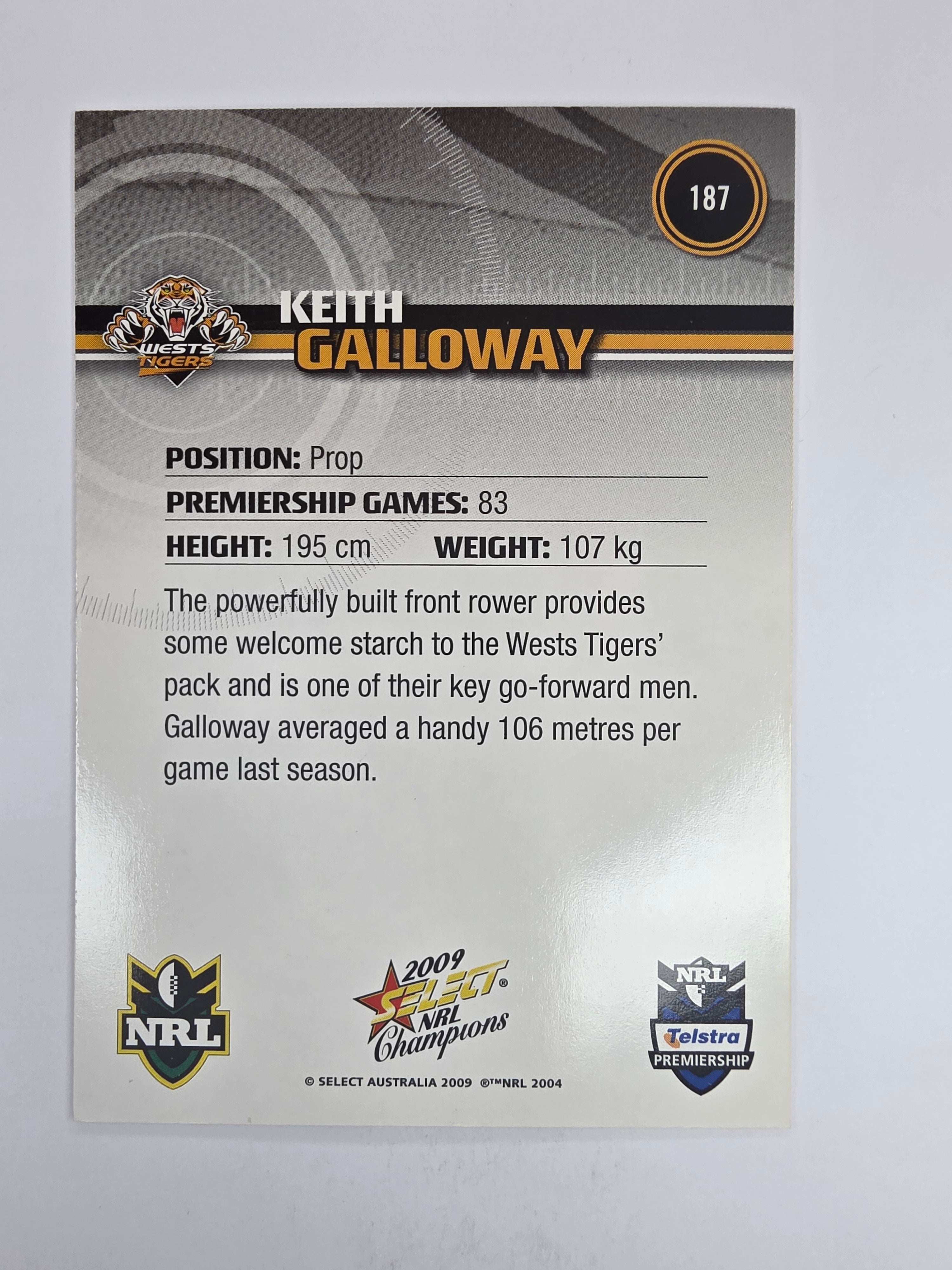 NRL 2009 Champions Base Card #187 Keith Galloway Wests Tigers
