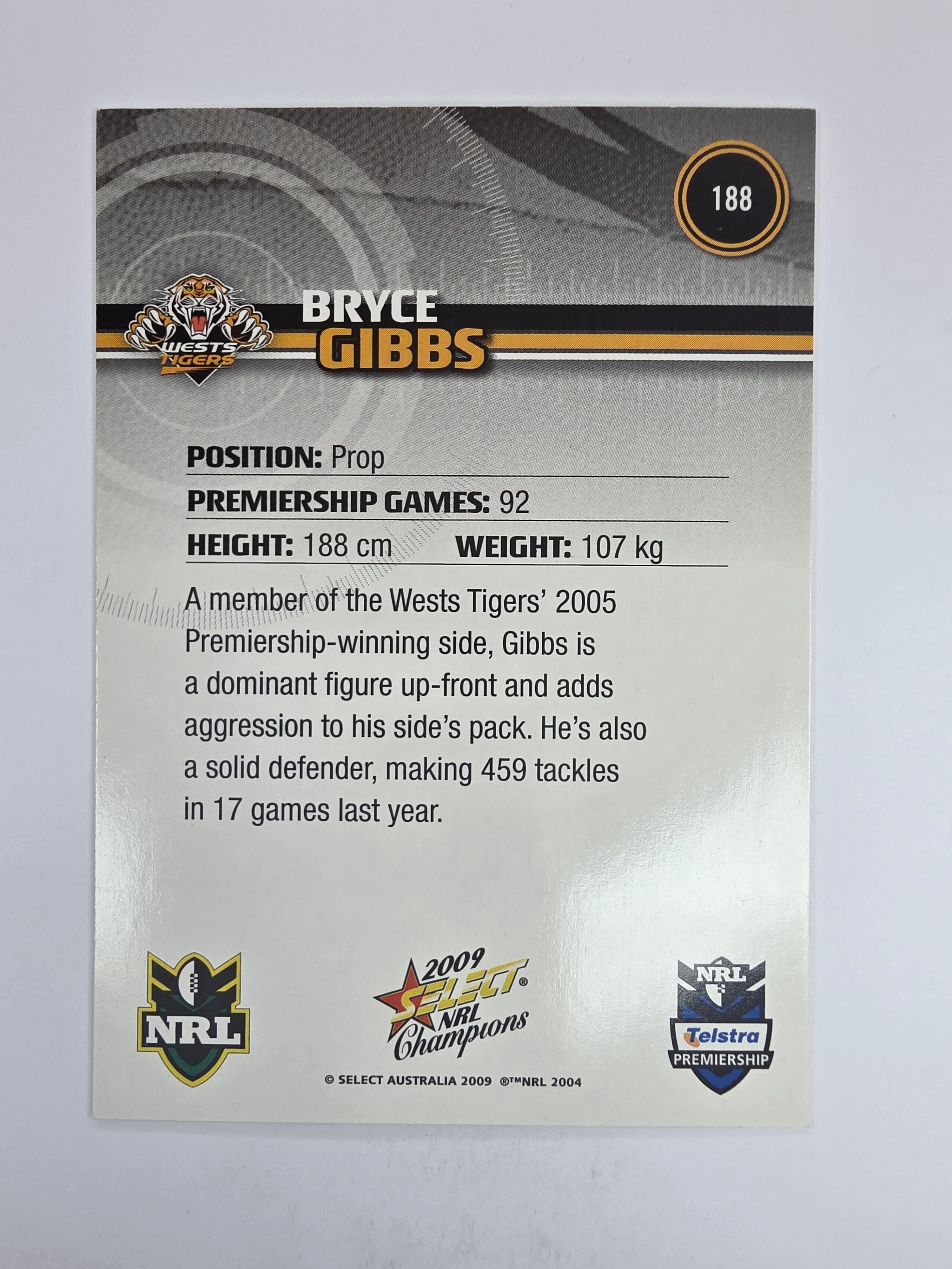 NRL 2009 Champions Base Card #188 Bryce Gibbs Wests Tigers
